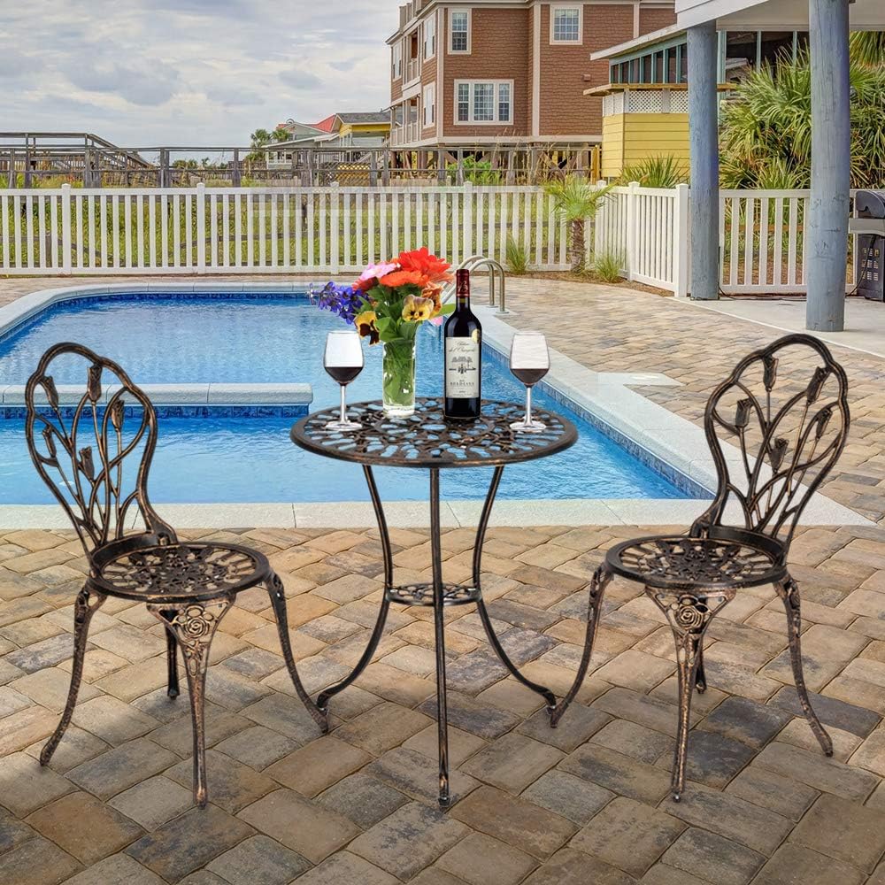 3-Piece Patio Bistro Dining Set - Antique Copper Bronze Table and Chairs - Outdoor Furniture Tulip Design - Rust-Resistant - for Porch Backyard Garden (from US, Bronze)