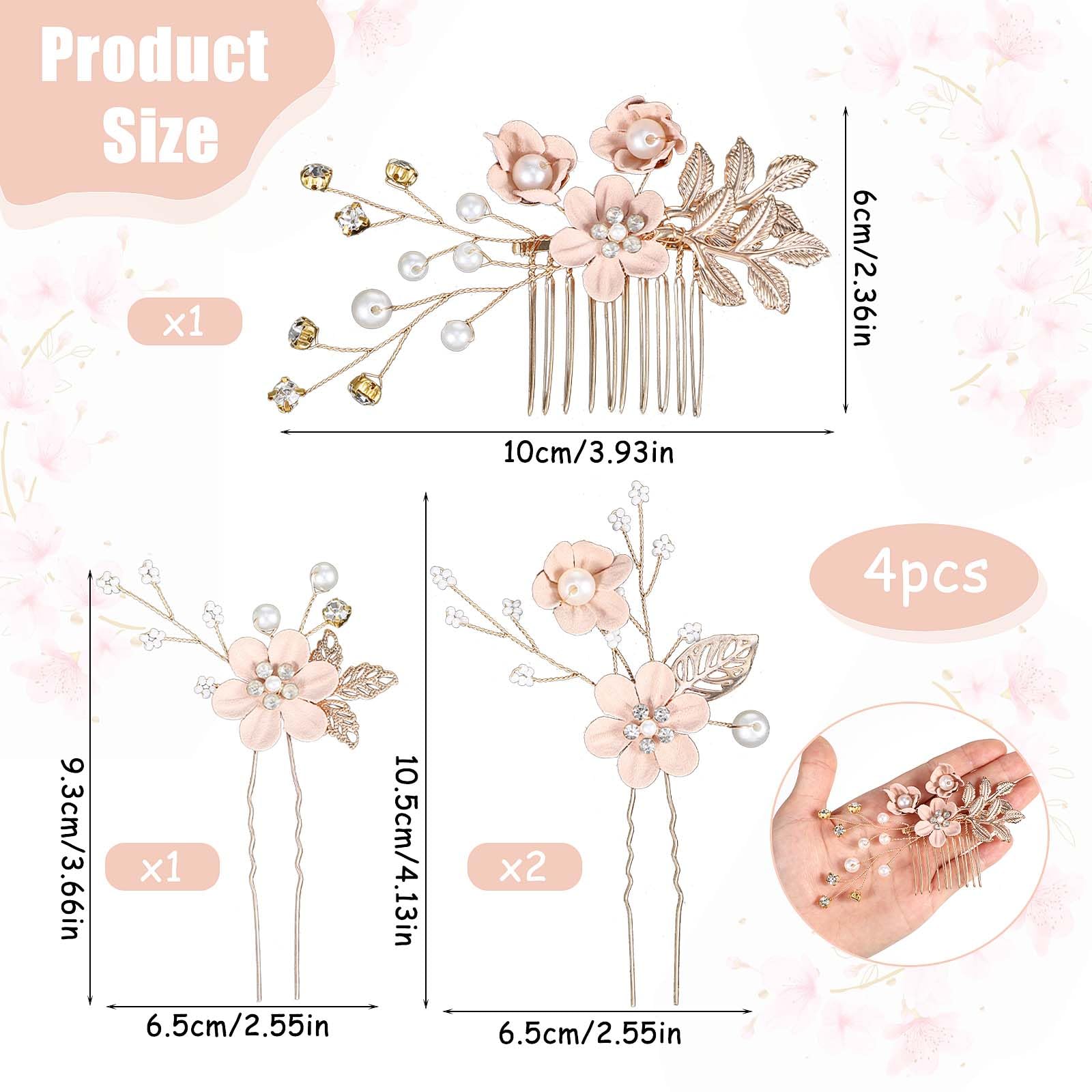 Andibro 4 peines para el pelo de novia, flores rosas, diamantes de imitación, accesorios para el pelo, perlas tocado para mujer, niña, fiesta, graduación, damas de honor, niñas de flores