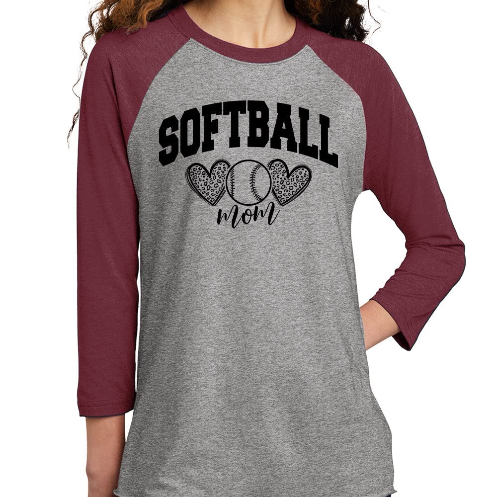 TeesAndTankYou Arch Softball Mom Three-Quarter Raglan Sleeve Baseball Shirt Unisex Medium Grey/Maroon