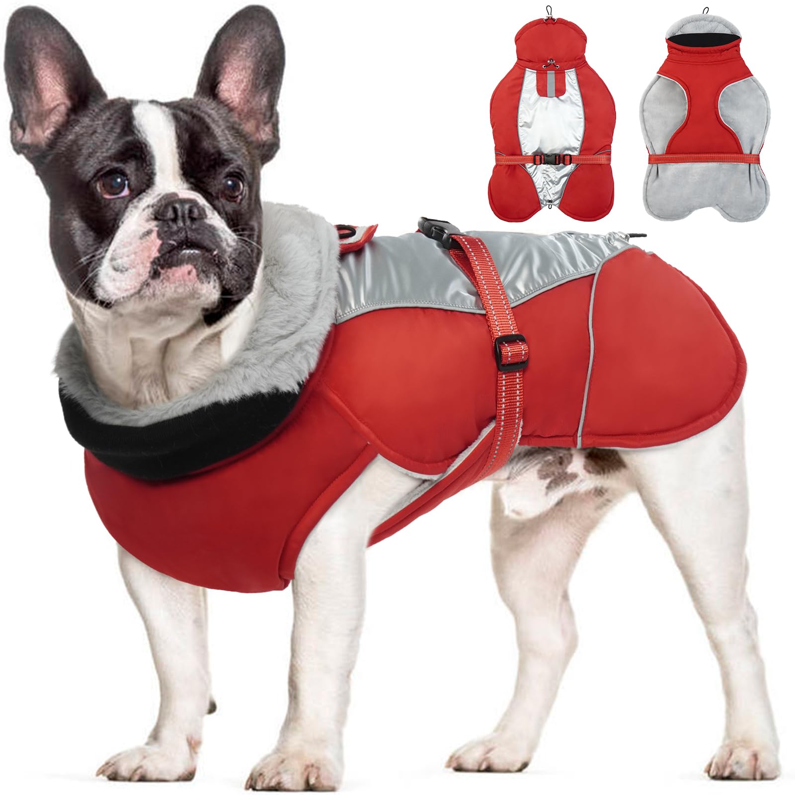 Kuoser Warm Dog Coat, Reflective Fleece Dog Jacketwith Harness, Windproof Waterproof Dog Winter Coat Dog Cold Weather Coats, Dog Vest Dog Snowsuit for Large Dogs Medium Small Dogs