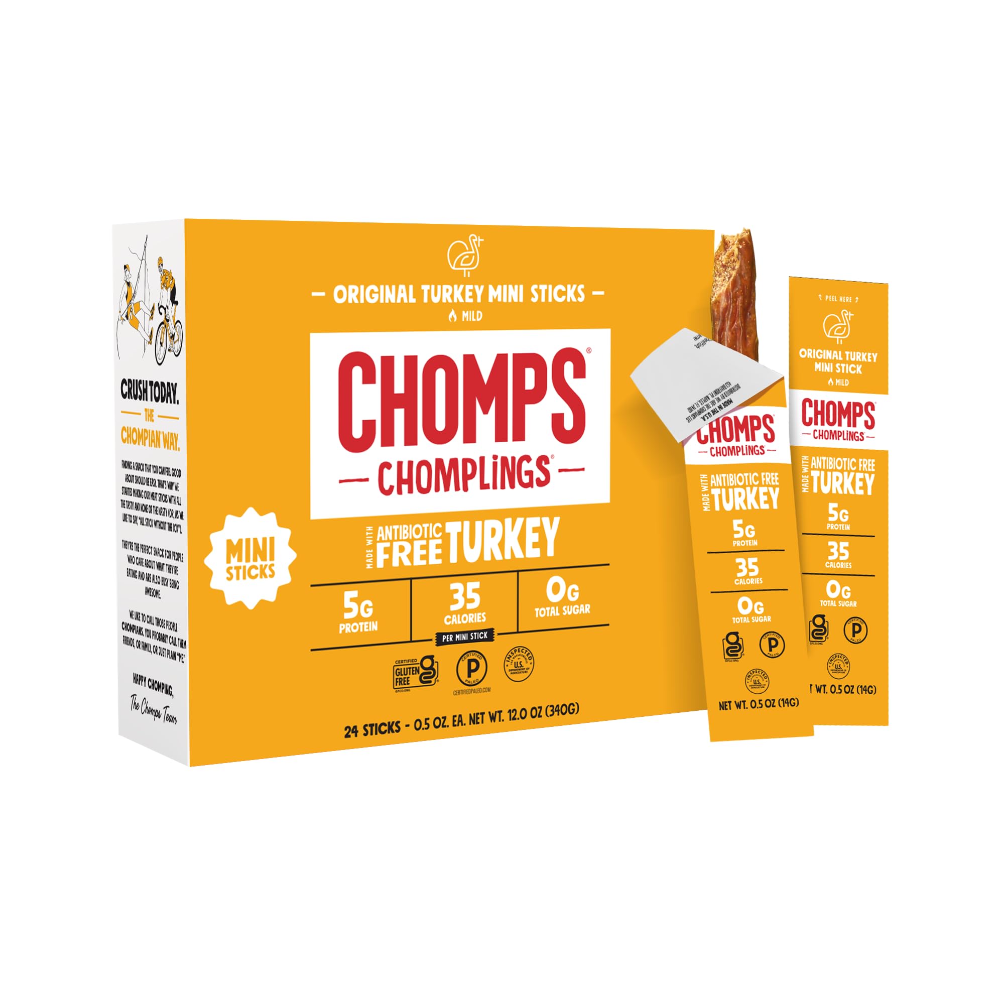 CHOMPS Snack Size Original Turkey Jerky Meat Snack Sticks, ABF Turkey, Keto, Paleo, Whole30 Approved, Low Carb, High Protein, Gluten Free, Sugar Free, Nitrate Free, 35 Calories 0.5 Oz Sticks, Original