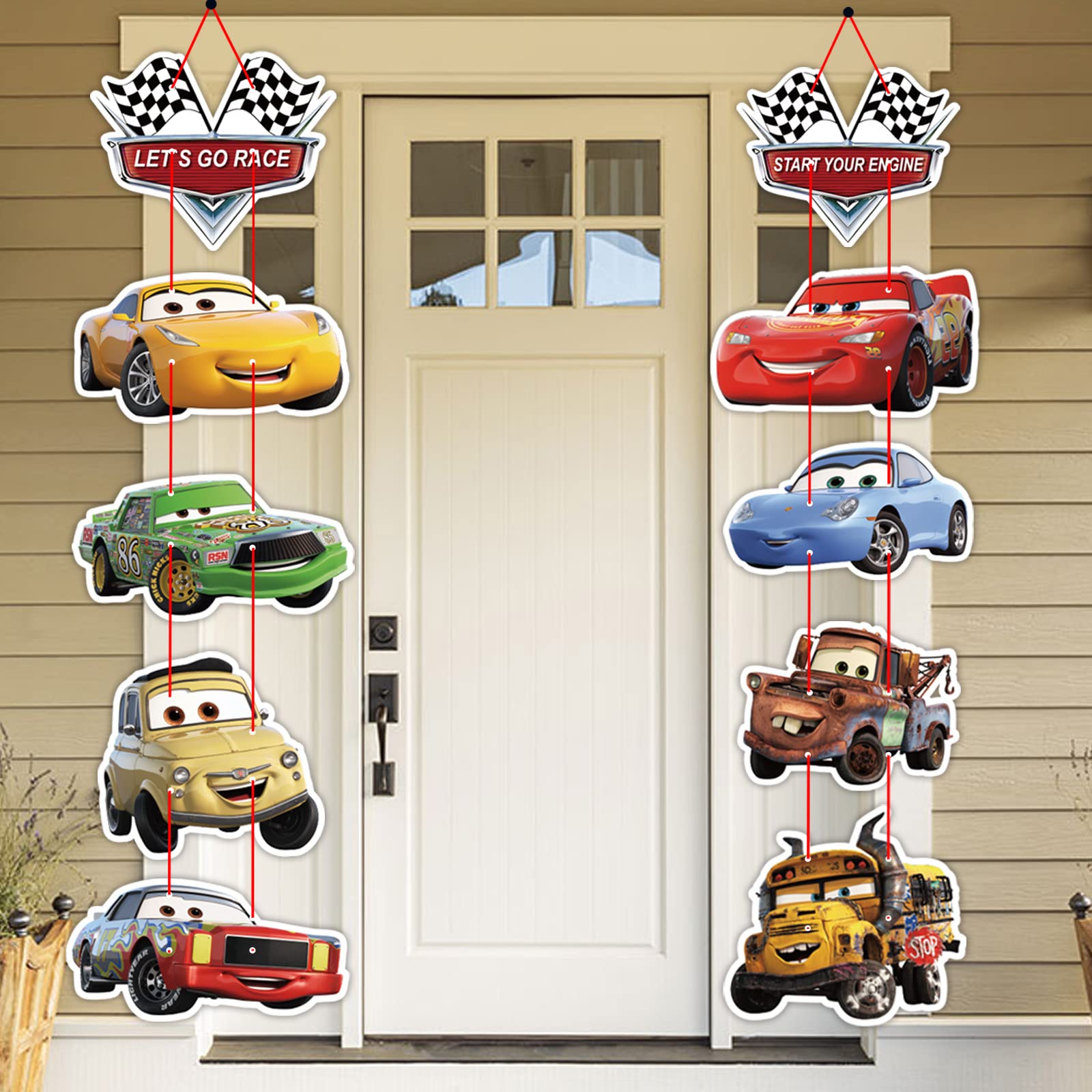 Lnkdeya Cars Race Porch Sign Cutouts Room Wall Door Decor Race Car Birthday Party Garden Outdoor Indoor Decorations Hanging Cards