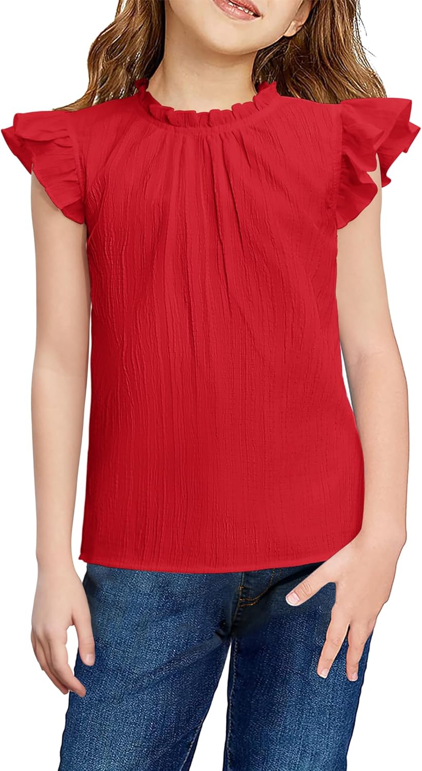 Arshiner Girls Ruffle Short Sleeve Shirts Cute Summer Frill Neck Pleated Textured Blouse Tops