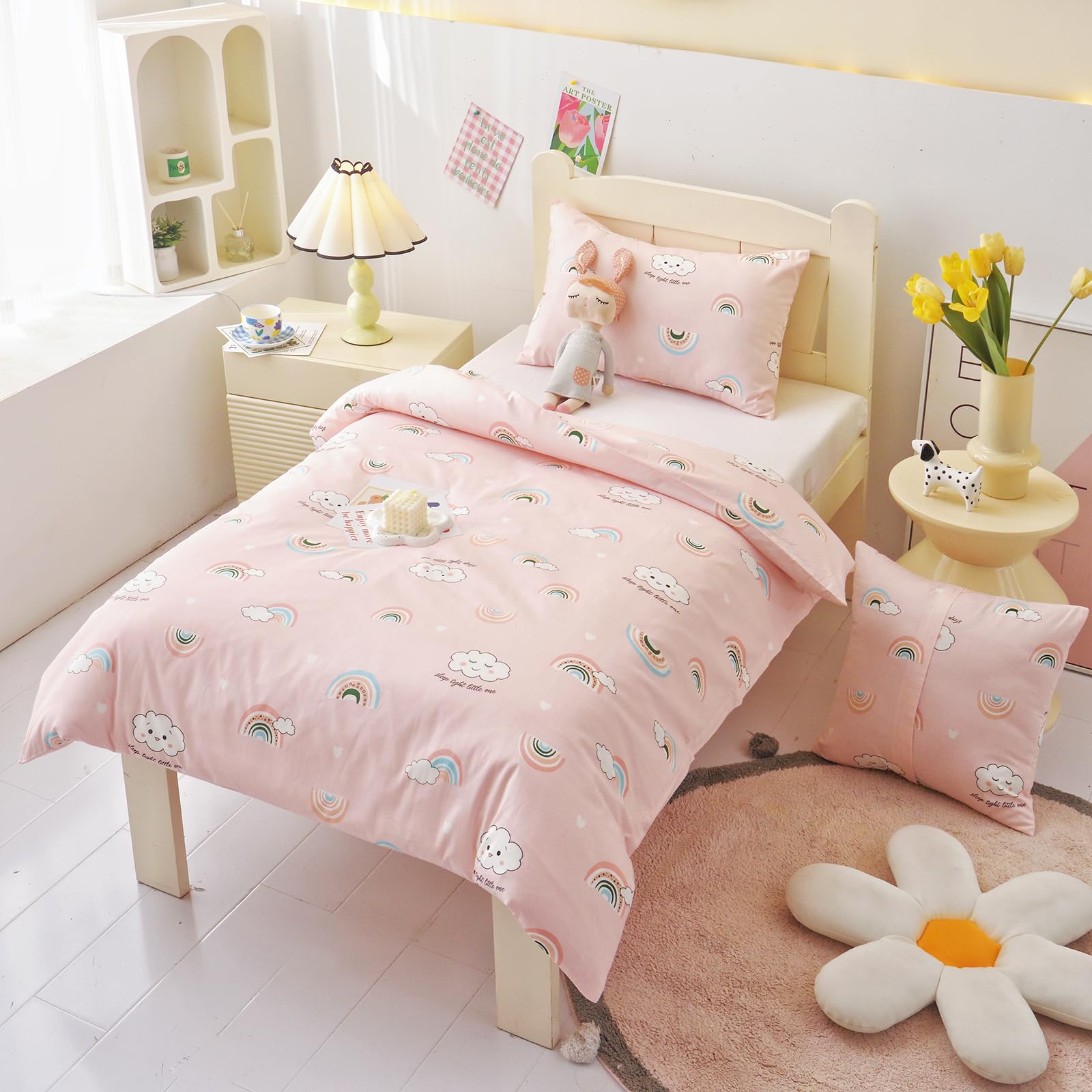 HMtideby Pink Rainbow Toddler Kids Bedding Set for Girls Cot Bed Duvet Cover with Pillowcase, 2 pcs, 120 x 150 cm - Image 2