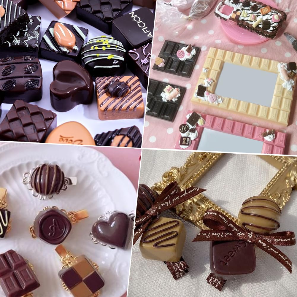 SUNNYCLUE 1 scatola 60 pezzi 15 stili Cioccolato Artificiale Resina Ciondoli Cioccolato All'Ingrosso Mini Assortiti Finti 3D Carini Ciondoli Cabochon Imitazione Dessert per Casa Ufficio Cucina Scrivan