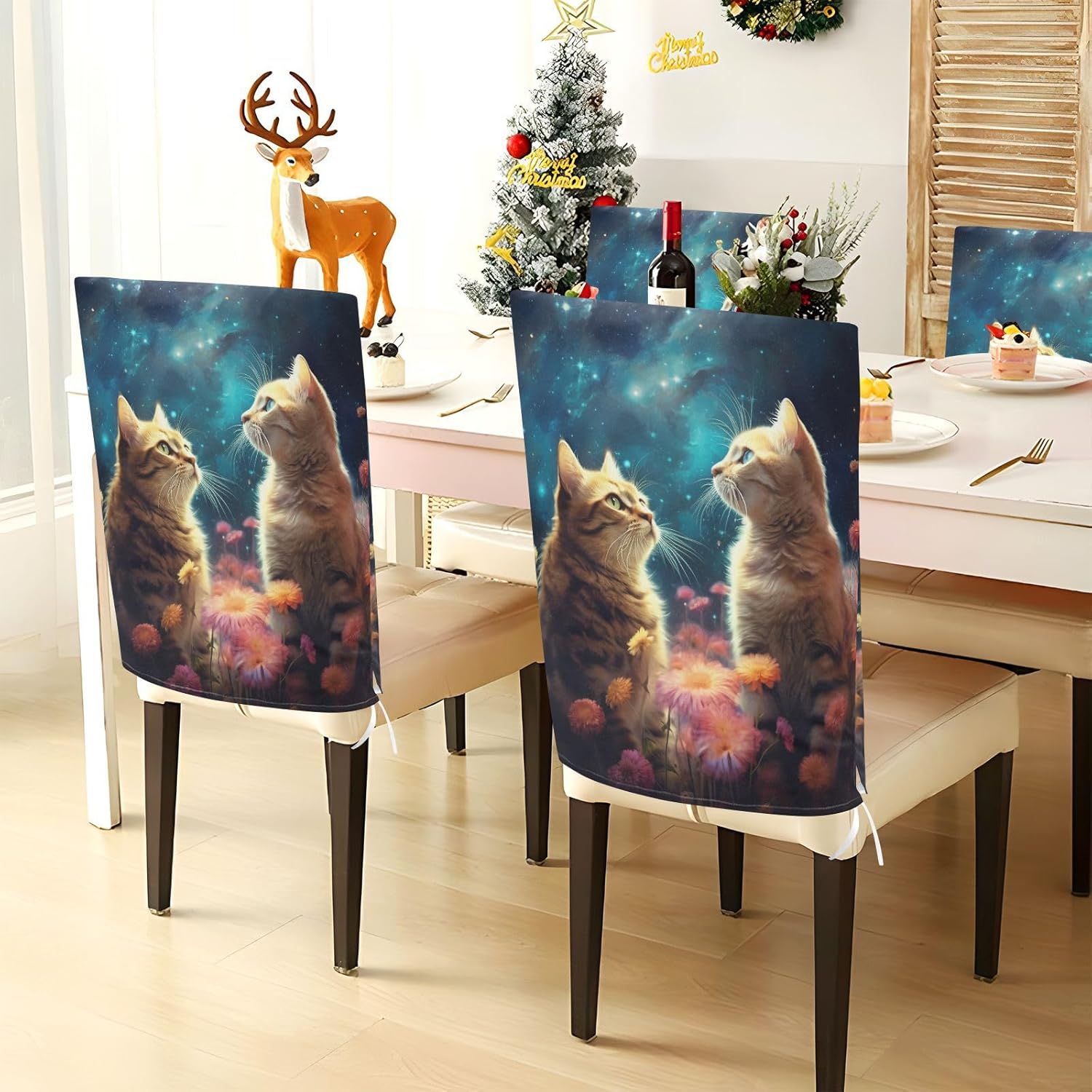 ALAZA Cute Cats Flower Galaxy Chair Back Cover Set of 6, Washable Reusable Removable Chair Slipcovers Decorative Chair Cover for Home Kitchen Wedding Party