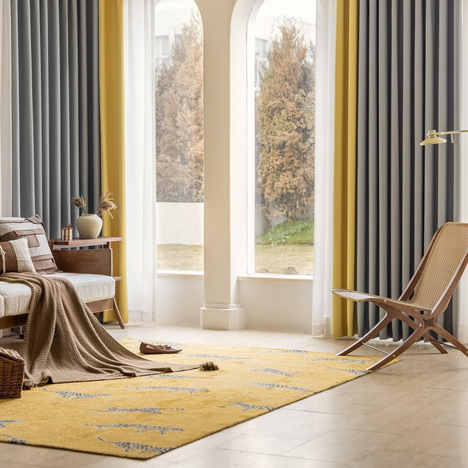 Rideaux occultants pour chambre d'enfant lot de 2 rideaux bicolores gris clair et jaune à œillets