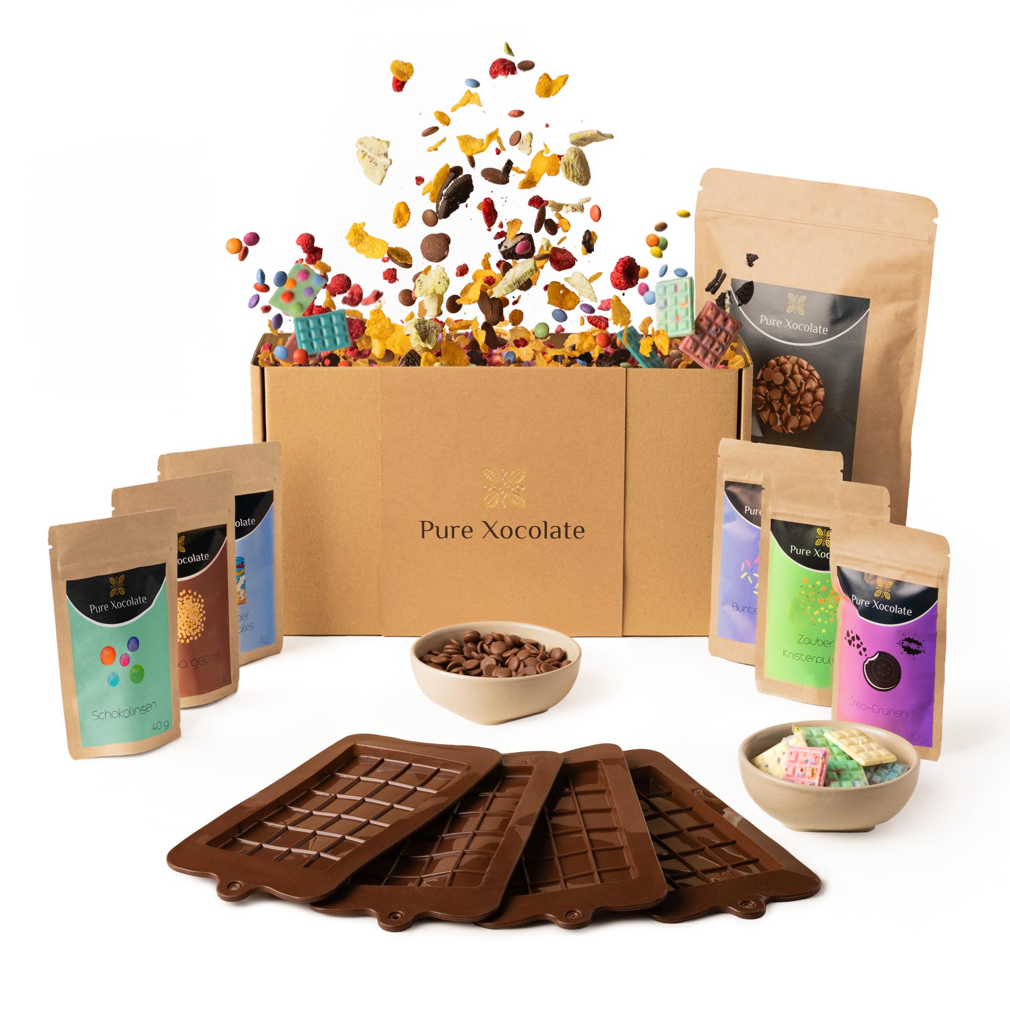 Pure Xocolate – Schokolade selber machen – Kreativset für 4 Kinder – inkl. 400g Schokolade, 6 bunte Toppings & Silikonform – Kindergeburtstag drinnen – DIY Set (Volle Größe, Mini-Tafel-Silikonform)