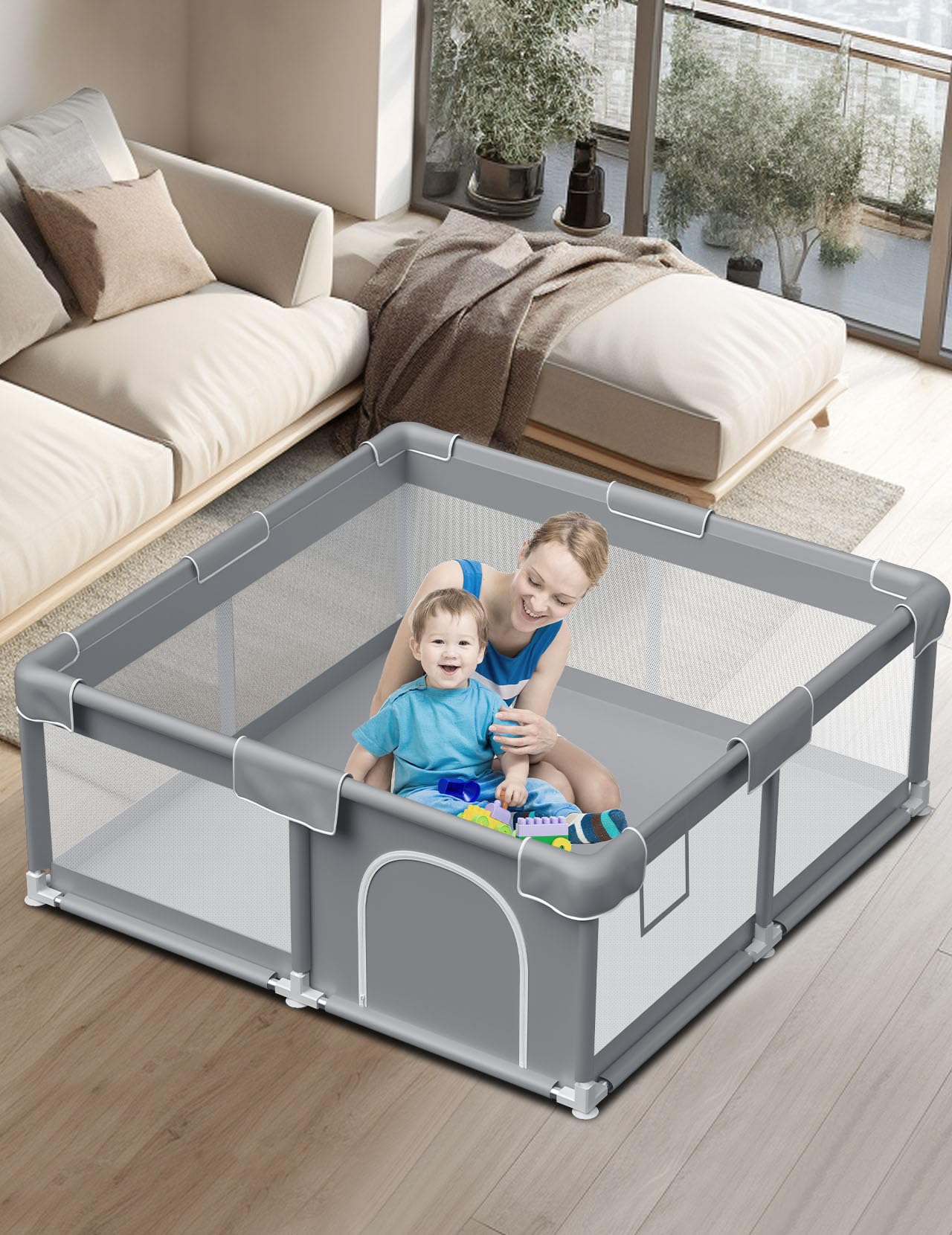 Baby Playpen Baby Play Pen for Babies and Toddlers Safe Anti-Fall Baby Play Yards Indoor & Outdoor Sturdy Safety Baby Activity Center with Soft Breathable Mesh Baby Fence 50×50 Inch