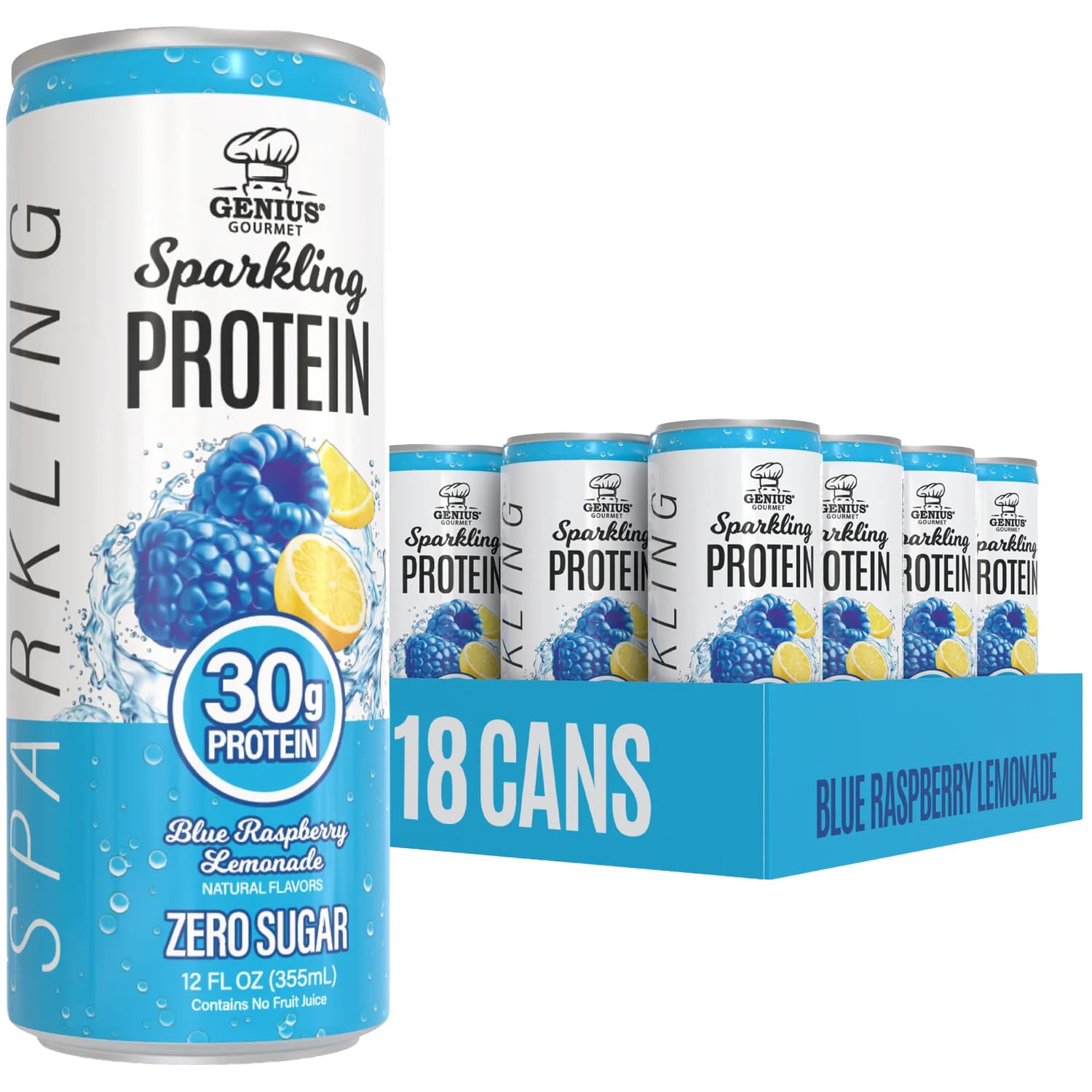 Genius Gourmet Clear Protein Sparkling Water Blue Raspberry Lemonade, 18 CT