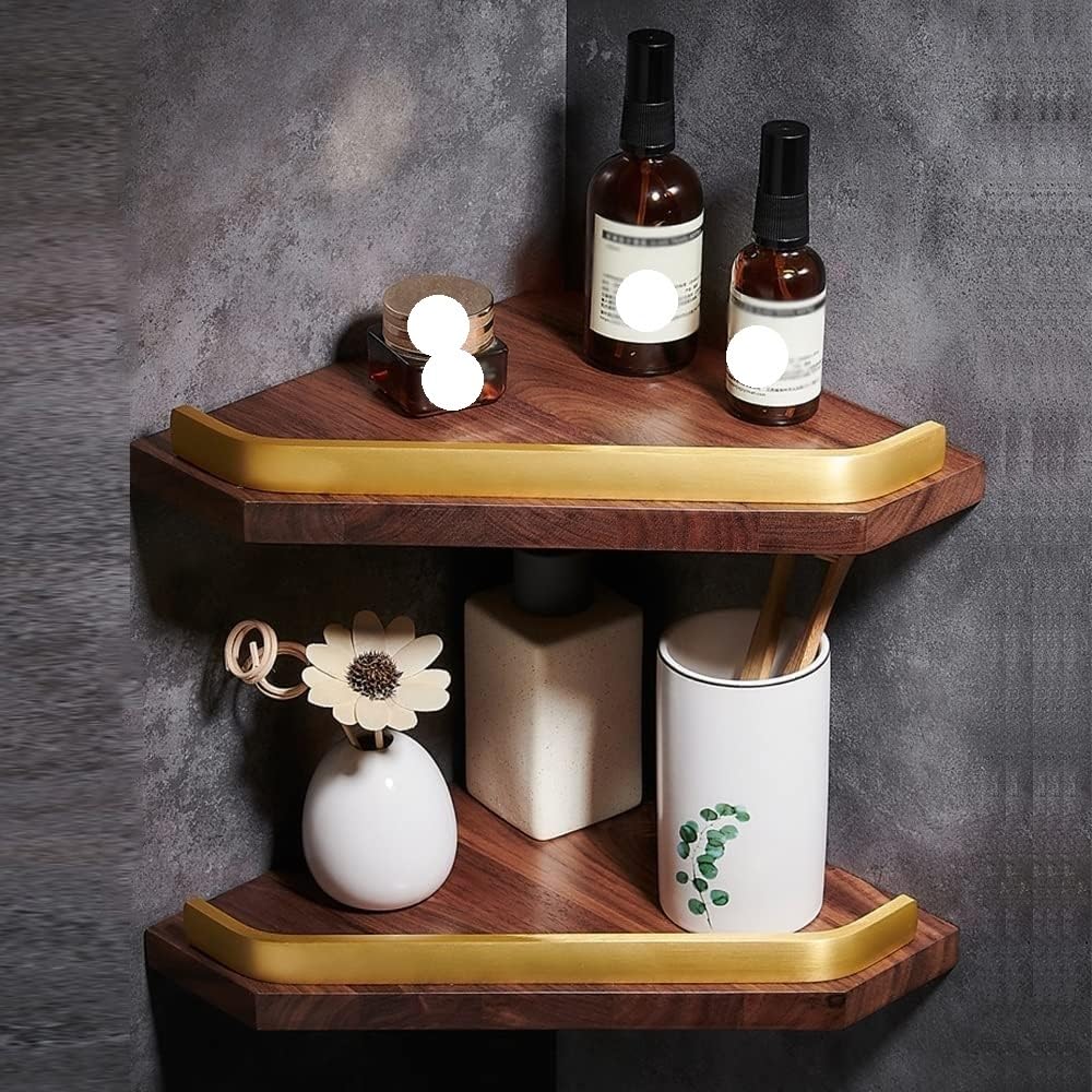 ZerHoc Shower Shelf Corner Corner Shower Caddy Shower Shelf Racks Bathroom Corner Shelves Gold Brushed with Walnut Wood