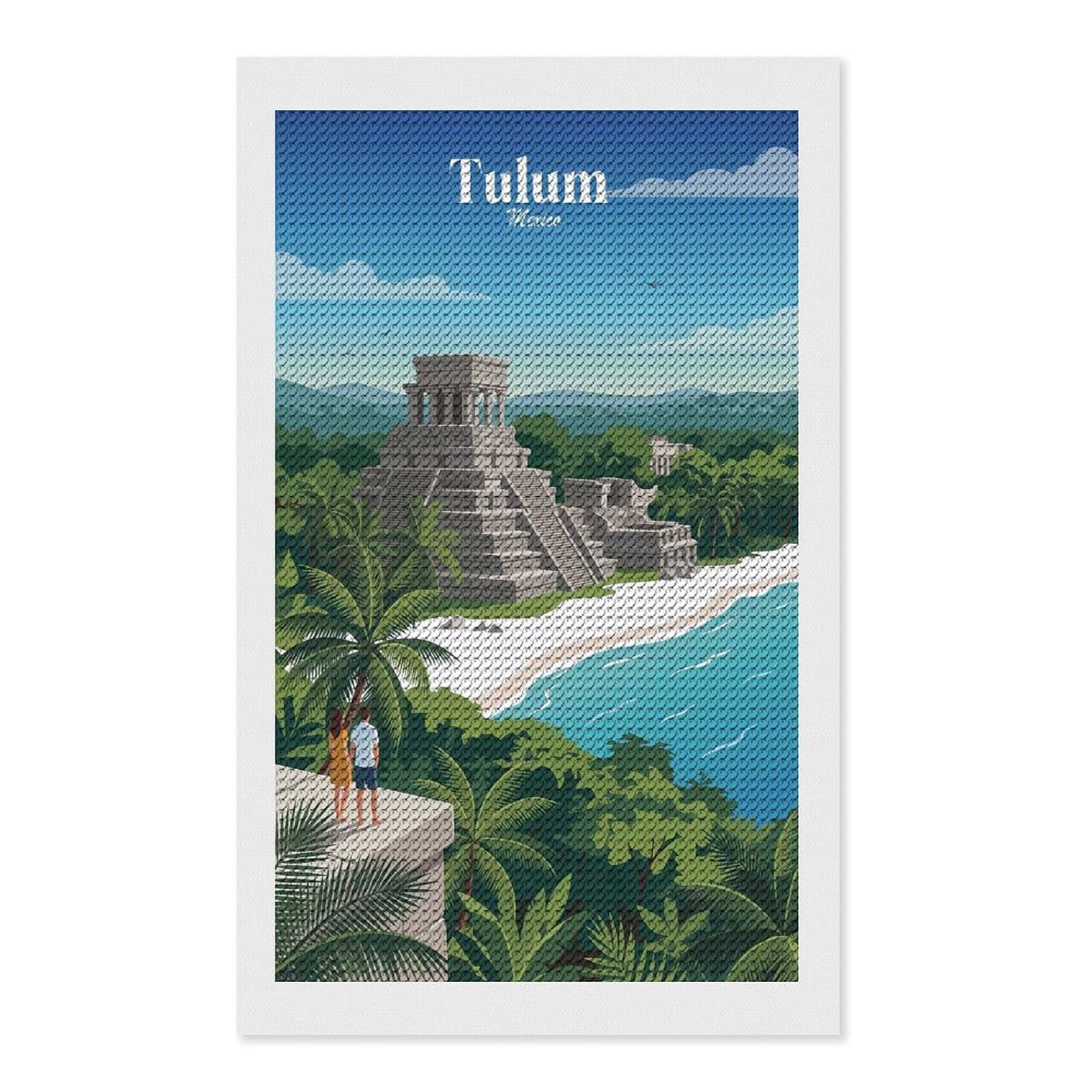 Junmoney Tulum Mexico Mayan Ruins Beach Crystal Diamond Art Kit 12"x20", Round Gems, Detailed Printed Canvas, Creative Gift Idea, Vintage Style Decor