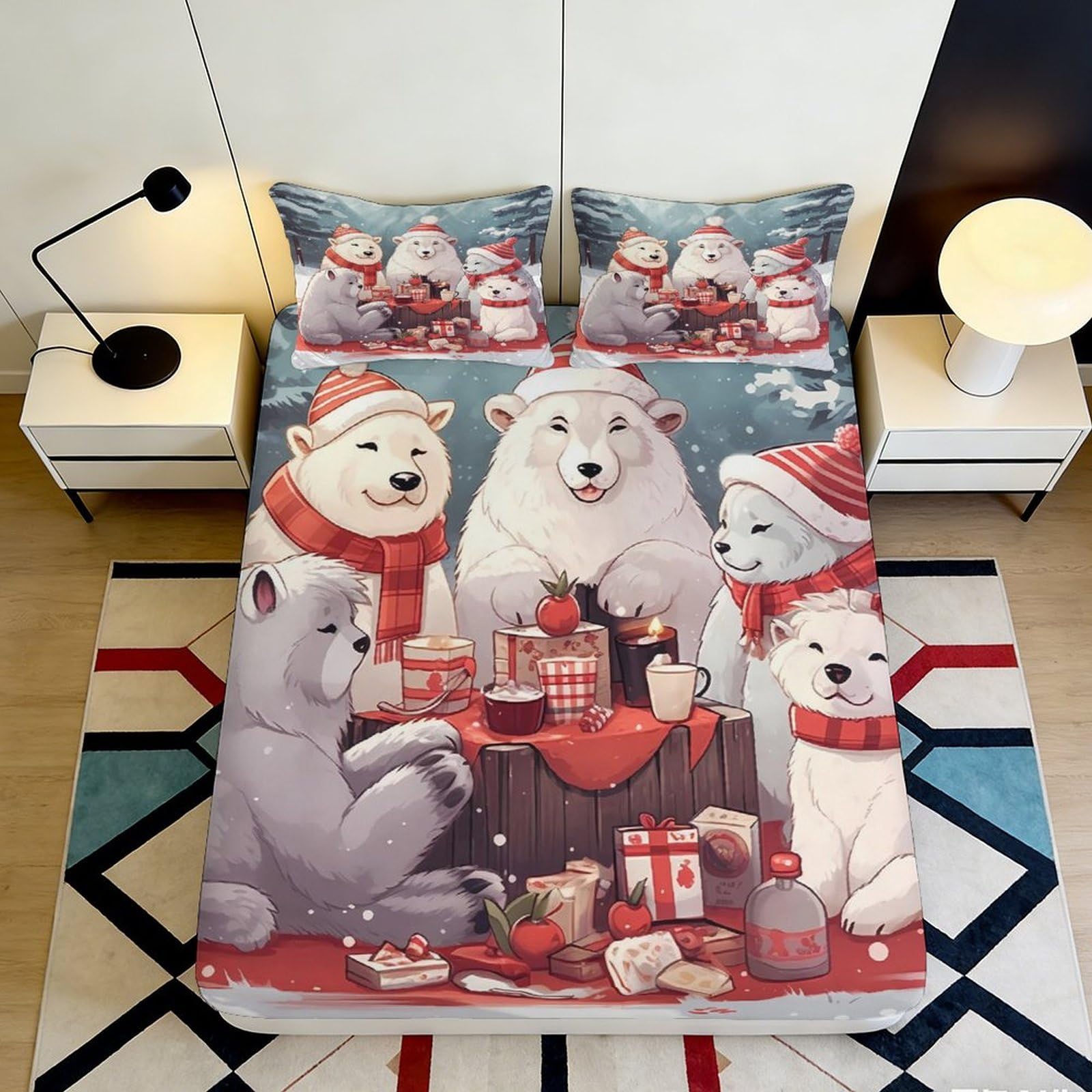 3D Printed Polar Bear Fitted Sheet Microfiber Deep Pocket Bedroom Bedding Non-Slip Arctic Bear Mattress Fitted Cover for All Ages 140x200x25cm