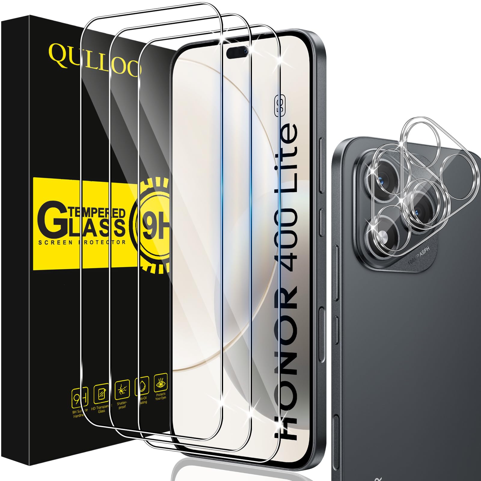 QULLOO Verre Trempé pour Honor 400 Lite 5G, 3 Pièces Protecteur D'écran et 2 Pièces Caméra Arrière Protecteur, 9H Dureté Film Protection Écran HD Clarté Anti Rayures Vitre Protection