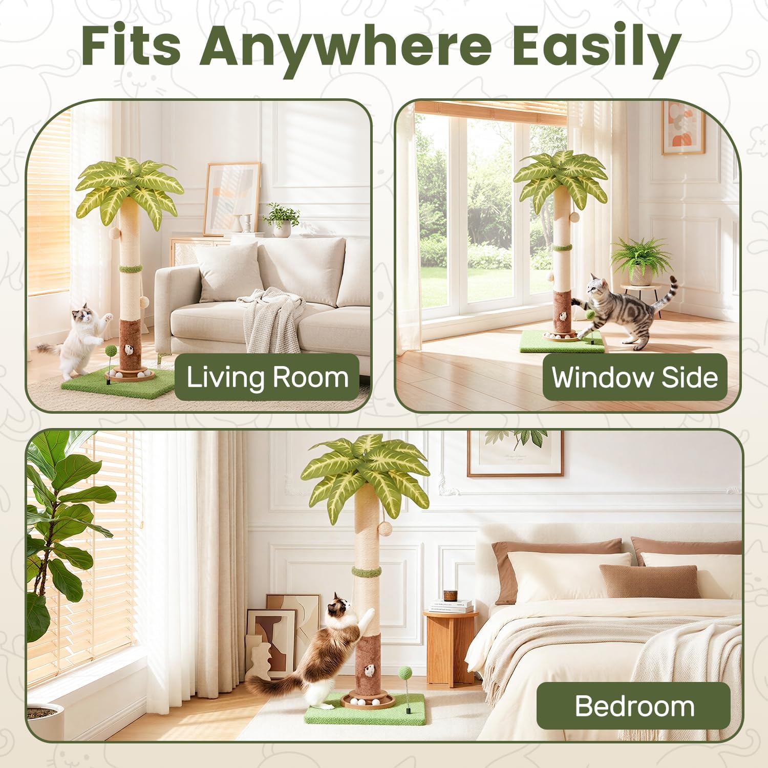 35.4" Tall Large Cat Scratching Post, Indoor Kitten Vertical Sisal Rope Scratcher Pole with Modern Aesthetic Leaf and Toy, Heavy Duty Stable Base with Multifunctional Interactive Ball Track