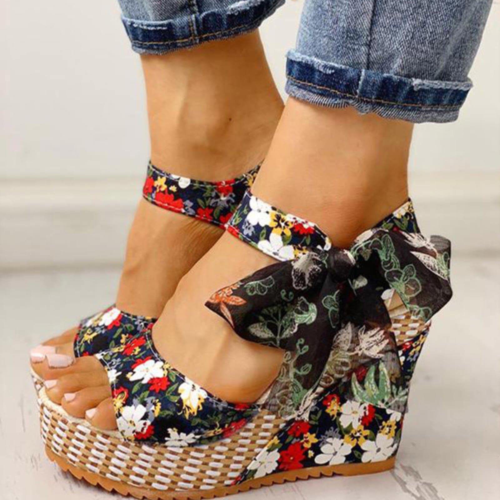 Sandalias de mujer con plataforma de punto Bowknot para mujer, zapatos casuales de aumento alto, con correa de tobillo abierta, sandalias de punta abierta, rosa, 37