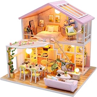 Hosioe Casa de bonecas em miniatura faça você mesmo em madeira kit de casa de bonecas com mobília com luz LED Music Sweet Time