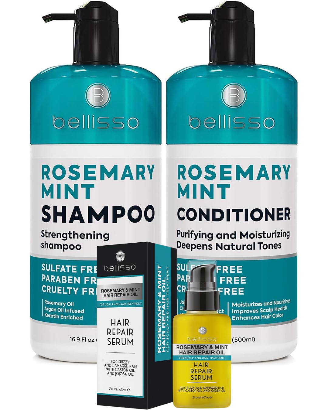 BELLISSO Rosemary Oil and Mint Shampoo and Conditioner Set and Rosemary Mint Oil Hair Serum