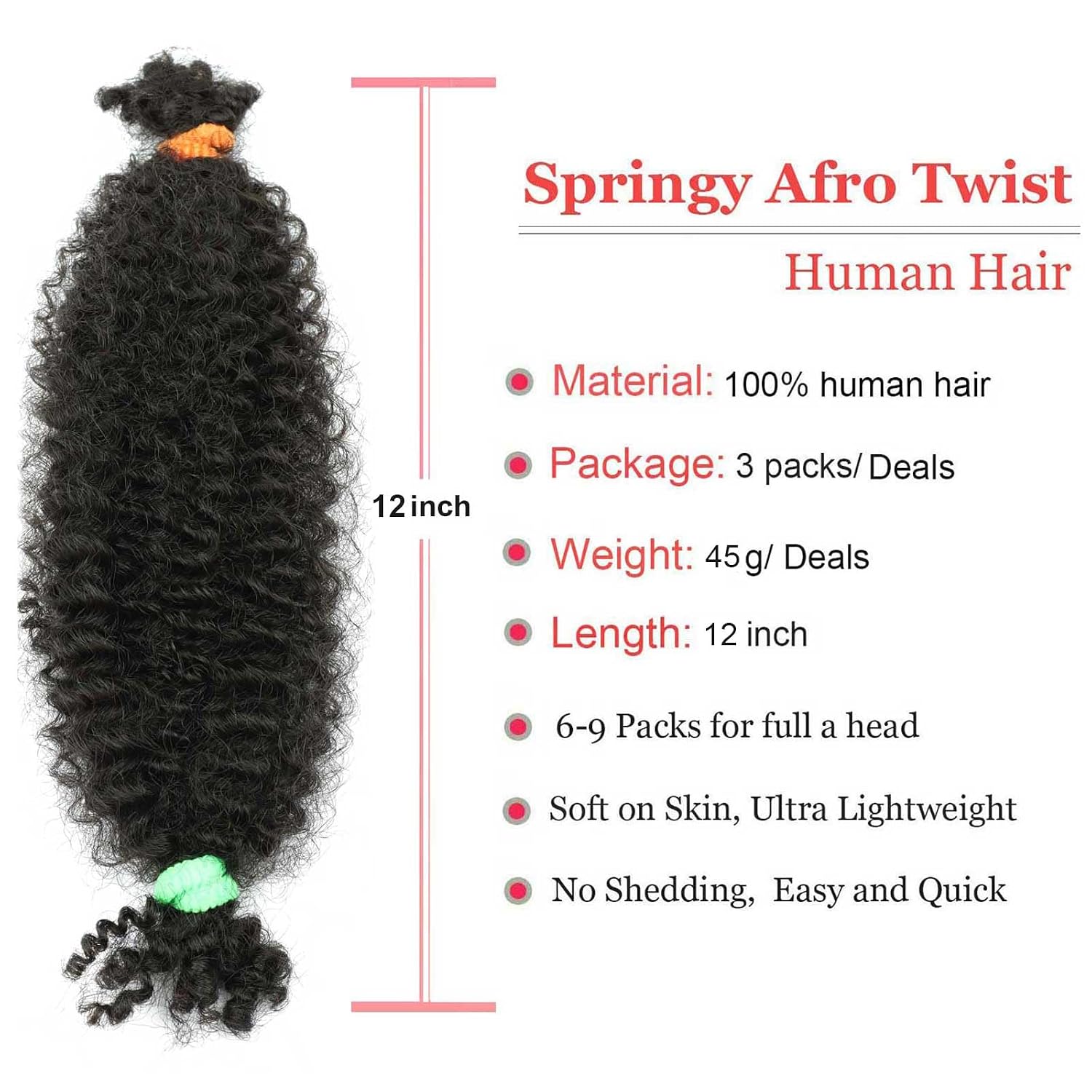12 Inch Springy Afro Twist Human Braiding Hair 3 Packs Afro Kinkys Bulk Human Hair for Braiding (1B, 12 Inch 3 PACKS)