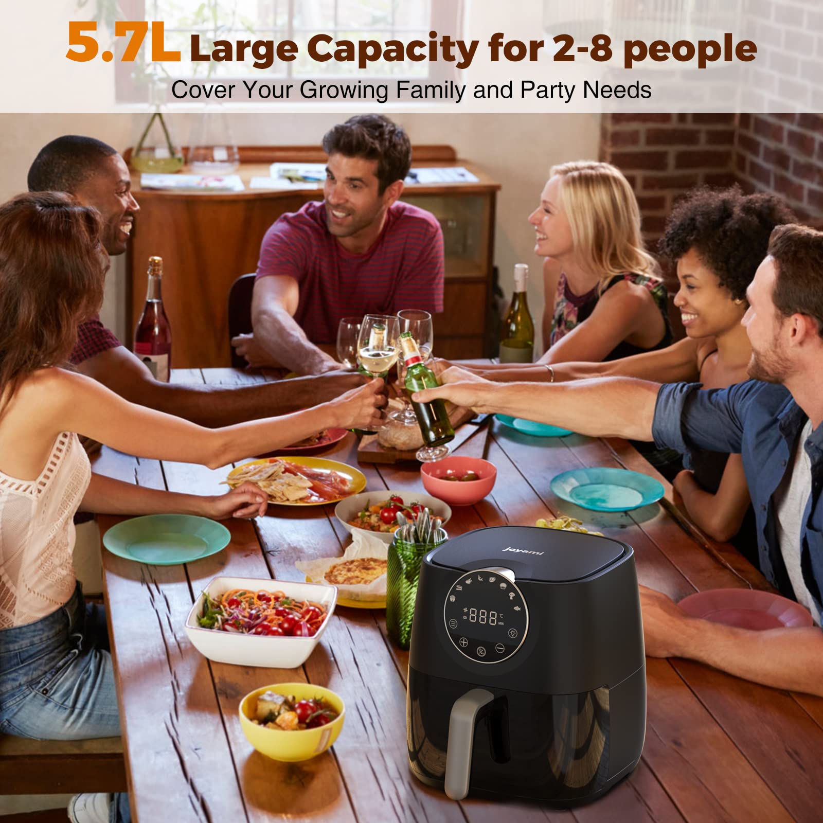 JOYAMI Freidora sin Aceite 5,7L XXL Air Fryer con 100 Recetas en Español, Freidora sin Aceite con 8 Programas Funciones, Ventana Visible Pantalla Táctil LED, Cesta Antiadherente, 1700W, Negra