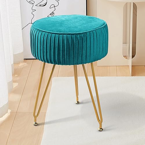 Miniatura 1 de ECOMEX Otomana redonda de terciopelo con patas de metal, reposapiés otomano redondo plisado tapizado, taburete de maquillaje, otomano redondo de