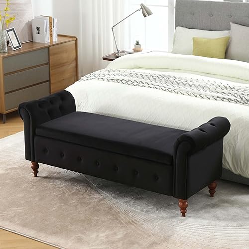 Banco de almacenamiento para dormitorio, banco de pie de cama, tamaño King, largo y moderno tapizado de terciopelo, bancos otomanos con brazo para