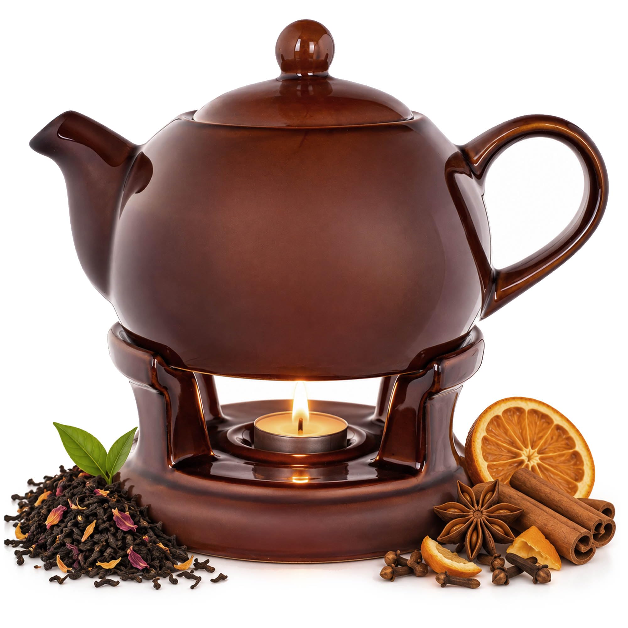 KADAX Teekanne 1L mit Stövchen Set, Kaffeekanne aus Porzellan mit Deckel, Griff und Teestövchen, Kanne mit Teelicht Wärmer für Tee, Teeservice (Braun) Küche, Haushalt & Wohnen