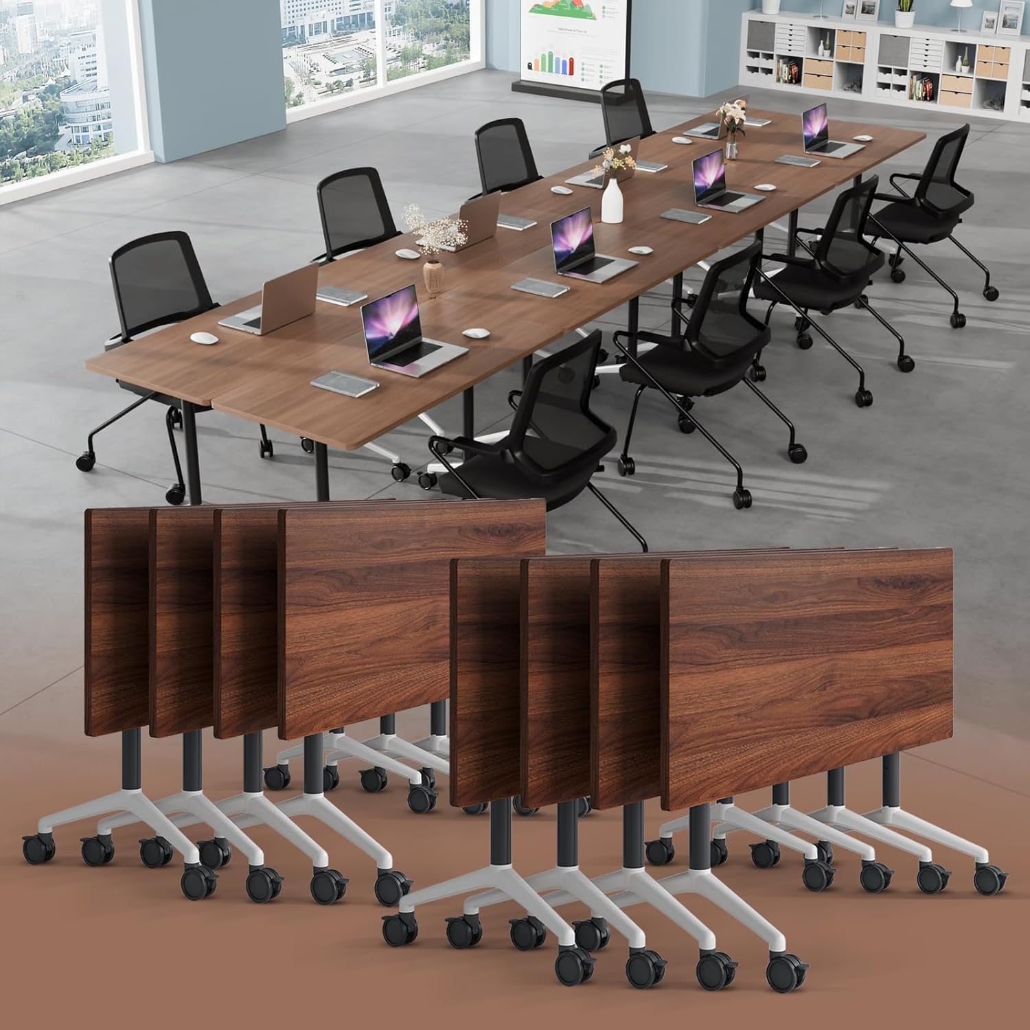 Conference Room Table, Modern Folding Training Tables with Flip Top, Mobile Table with Four Locking Wheels, Executive Desk for Meeting Room, Office,