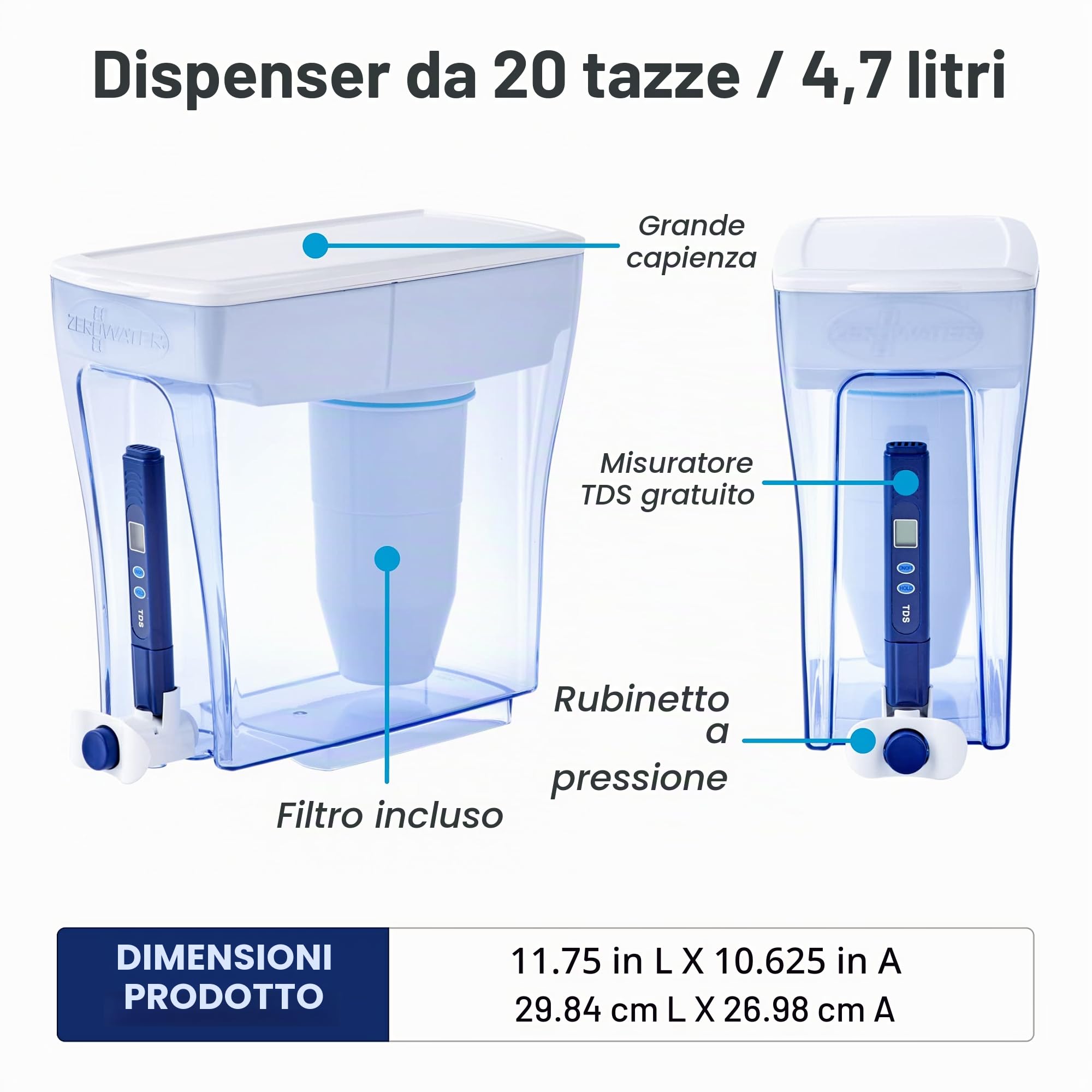 ZeroWater Distributore di filtro dell'acqua a 5 sta+misuratore TDS, certificato IAPMO per ridurre PFOA/PFOS, fluoruro, piombo e altri metalli pesanti, senza BPA
