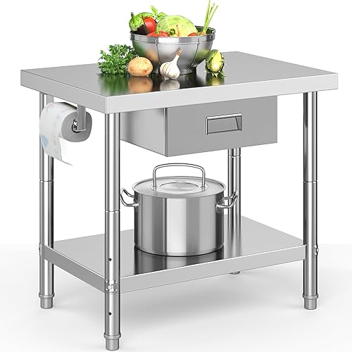 YITAHOME Mesa de acero inoxidable de 36 x 24 pulgadas con soporte para toallas de papel y cajón, mesa de trabajo NSF con cajón, mesa de preparación