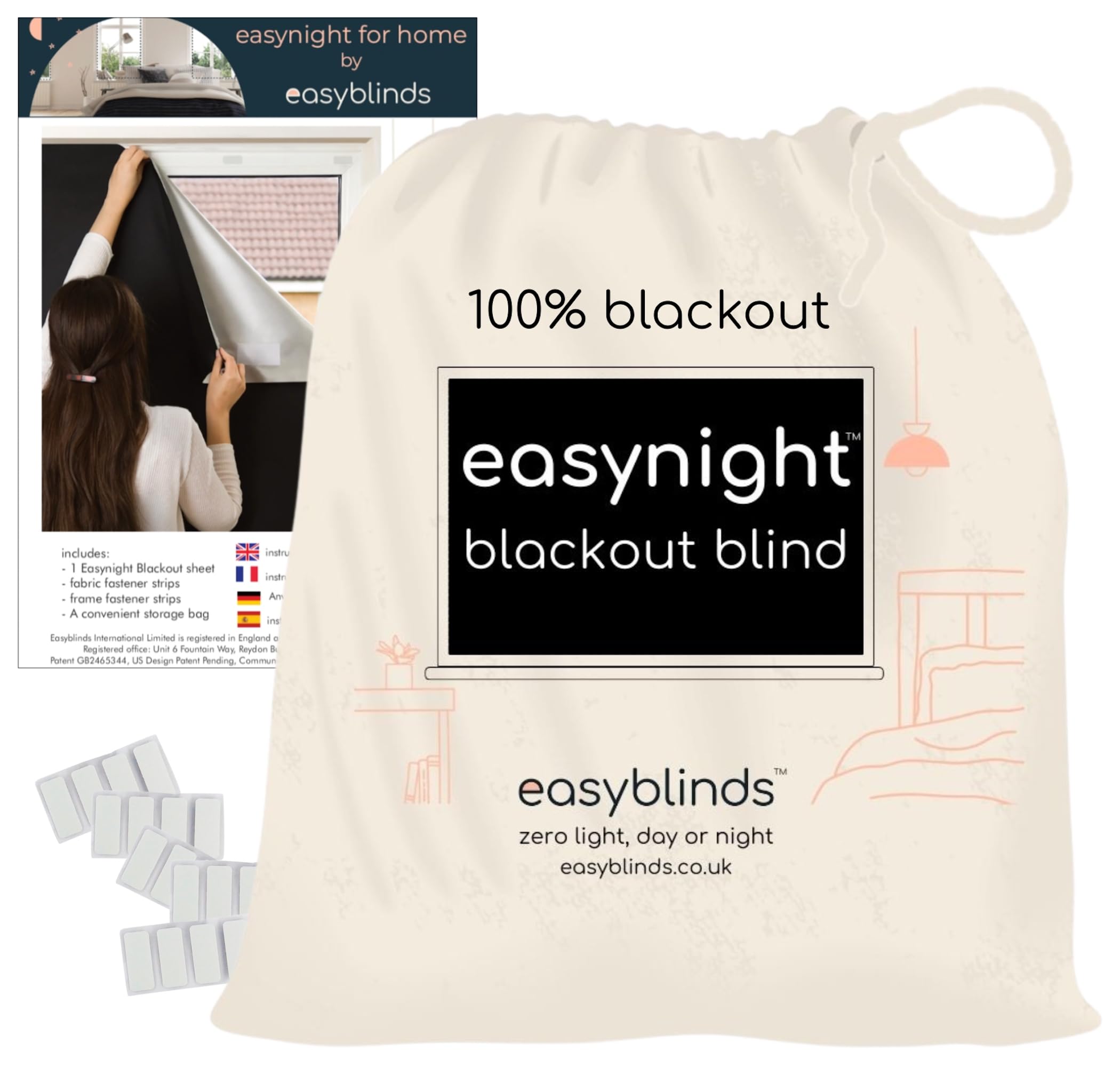 Easynight Blackout Blind, 100% Light Blocking Fabric, Regular, Fit Any Size/Shape Up To 150x145cm, Made to Measure Service Available, No Drill, Easy Use Temporary Permanent Anywhere