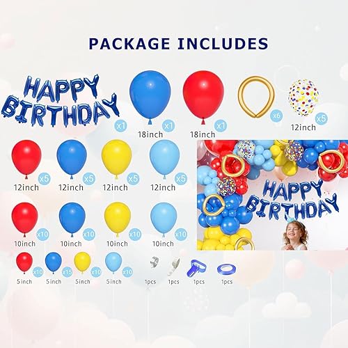 Miniatura 2 de Kit de arco de guirnalda de globos amarillos, azules y rojos, globos de látex metálicos de confeti para niños, globos de aluminio, globos de látex y