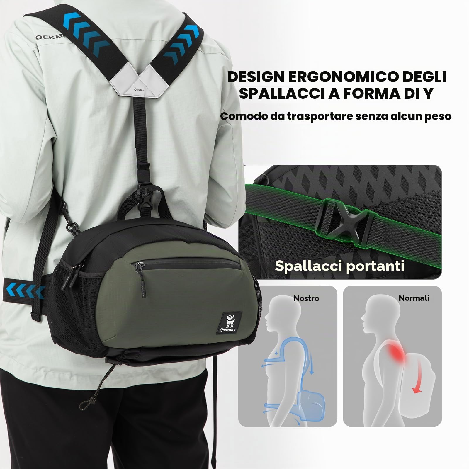 Marsupio da Trekking Ultraleggero, Zaino Trekking Traspirante Marsupio Uomo Sportivo Grande Capacità 7,9L, con Doppia Tracolla Regolabile e Rimovibile, per Escursioni Campeggio Outdoor, Verde
