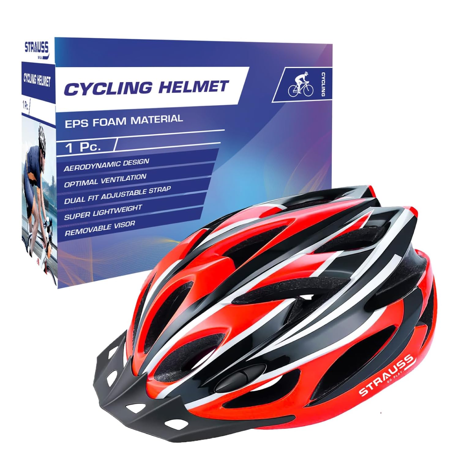 Strauss Adjustable Cycling Helmet with Detachable Visor | Light Weight with Superior Ventilation | Mountain, Road Bike & Skating Helmet | Ideal for Adults and Kids, (Black/Red)