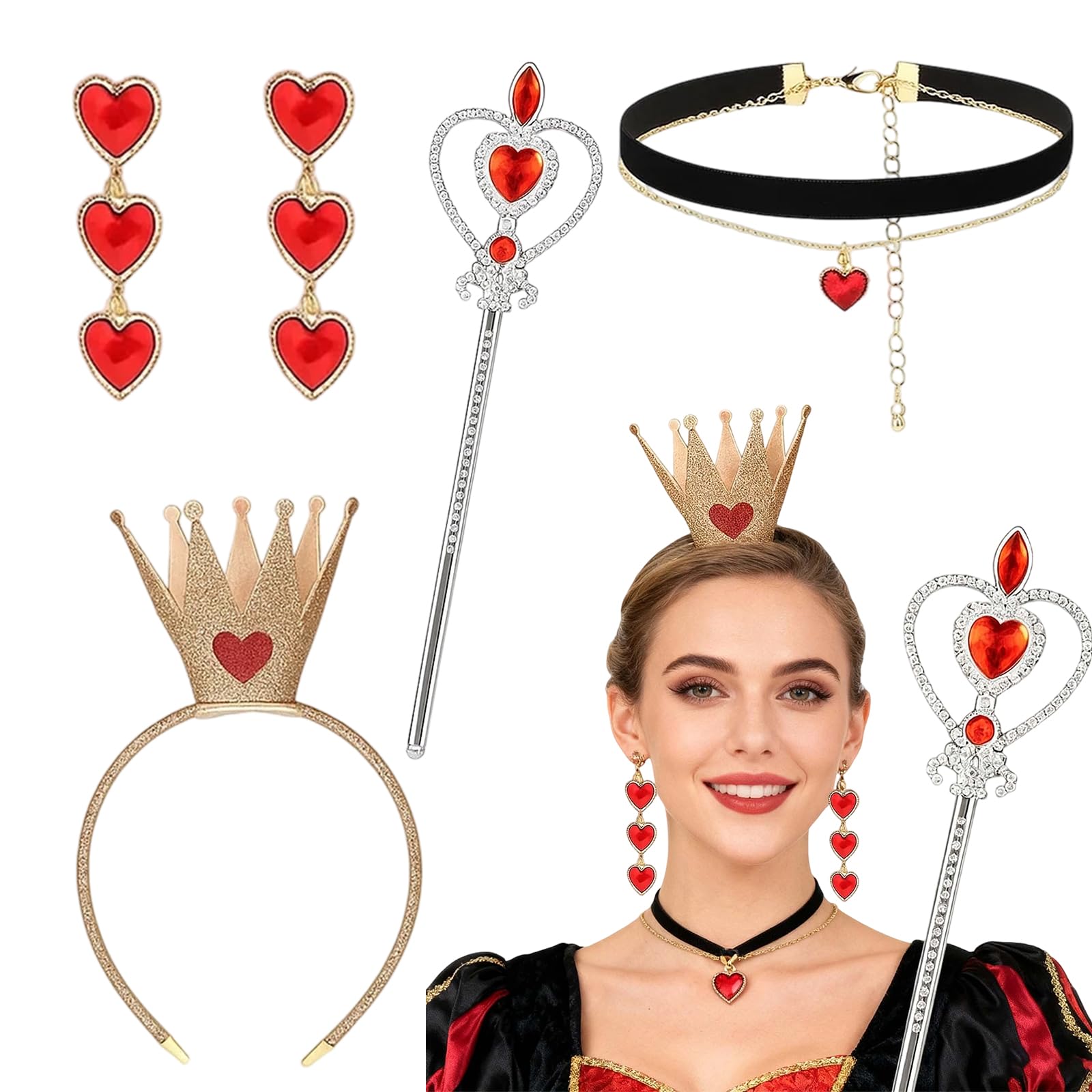 XcnPer Queen of Hearts Crown Accessories, 4-Piece Costume Accessories Set for Women, Includes Crown, Magic Wand, Earrings and Necklace, Perfect for Halloween, Cosplay and Themed Parties