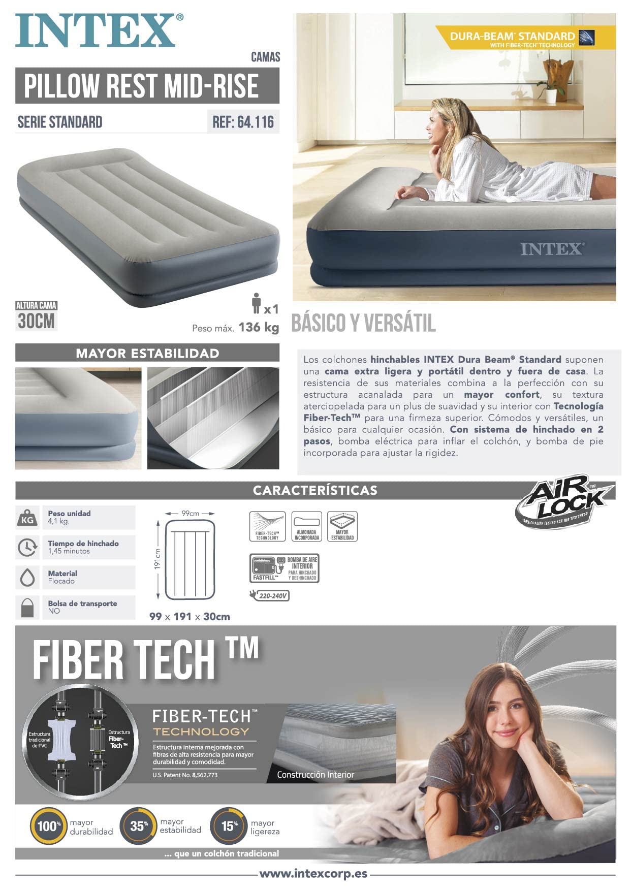 Intex 64116NP Materac Dmuchany, Szary, 1-osobowy/99 cm