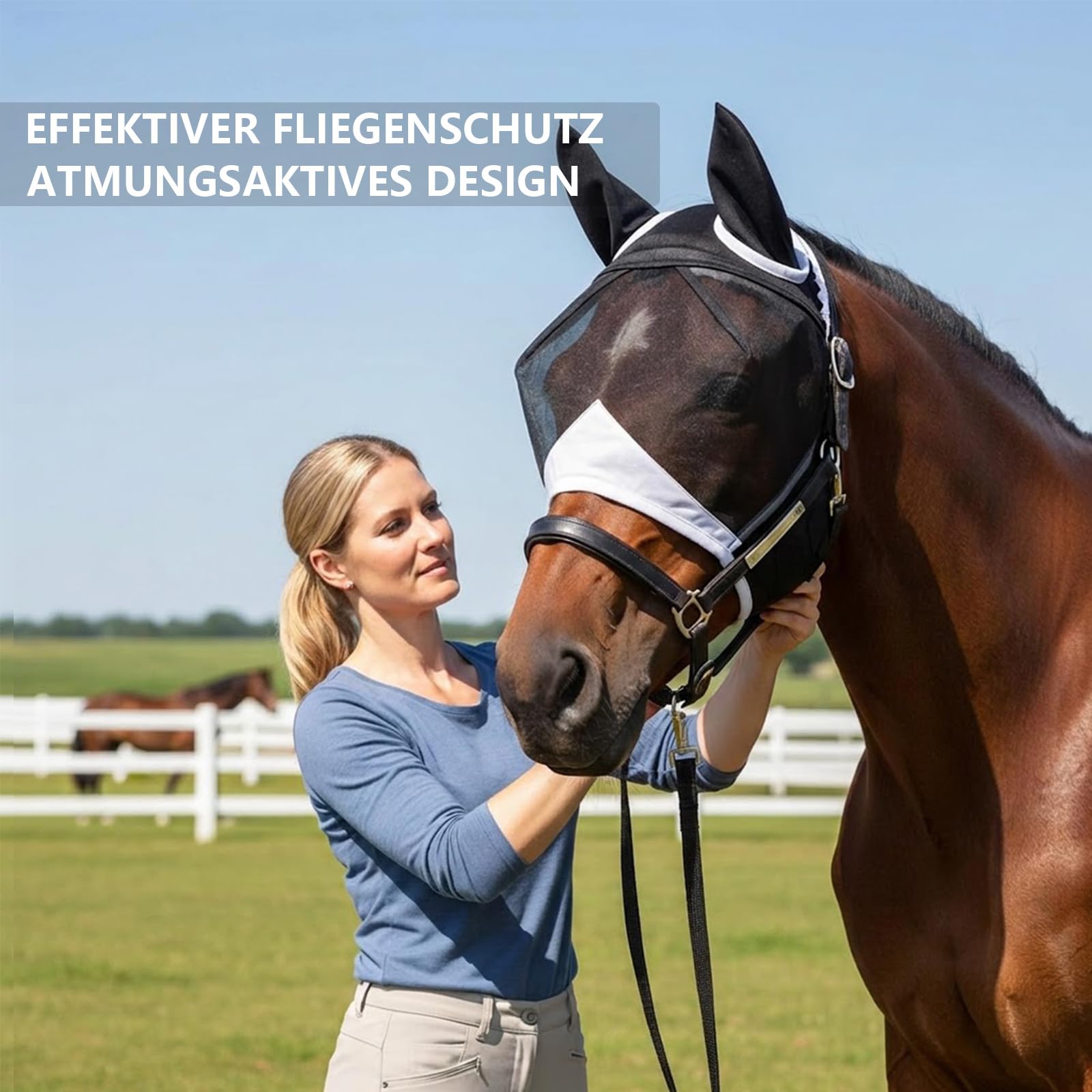 Fliegenmaske Pferd, fliegenmaske Pferd cob One Piece Fliegenhaube mit Fliegenohren für Pony, Kleine und Mittlere Pferde Elastisches Material, Atmungsaktiv, Leicht, UV-Schutz, Weich & Passgenau