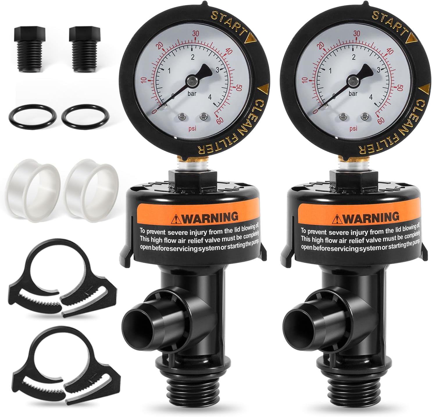 98209800 High Flow Manual Relief Valve/Air Relief Manual Valve Assembly with Pressure Gauge, Replacement for Pool and Spa Filter (2 PACK-98209800)