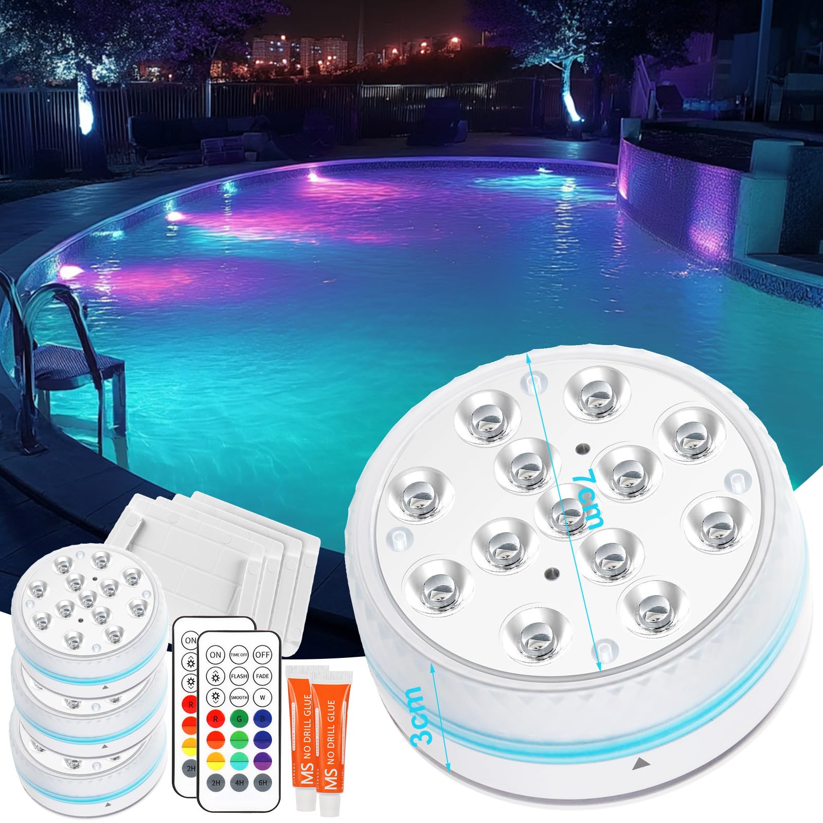 Poolbeleuchtung Unterwasser Licht Pool Magnetisch LED Poollicht mit Fernbedienung IP68 LED Wasserdicht für Pool Teich Aquarium Beleuchtung, 4 Stück