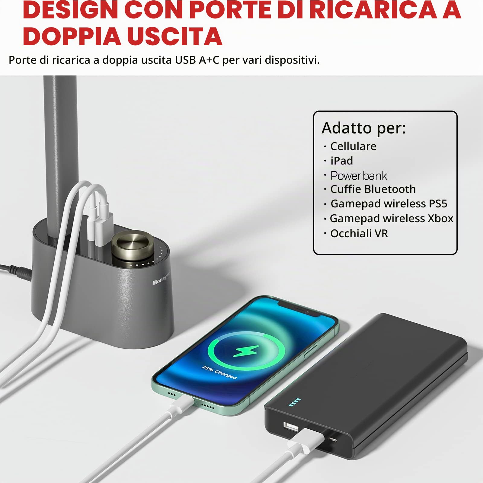 Honeywell Lampada LED compatta H01 Pro porta di ricarica A+C | CRI≥95, 3000K-5500K, bassa luce blu, senza sfarfallio, lampada da tavolo moderna per camera da letto, grigia