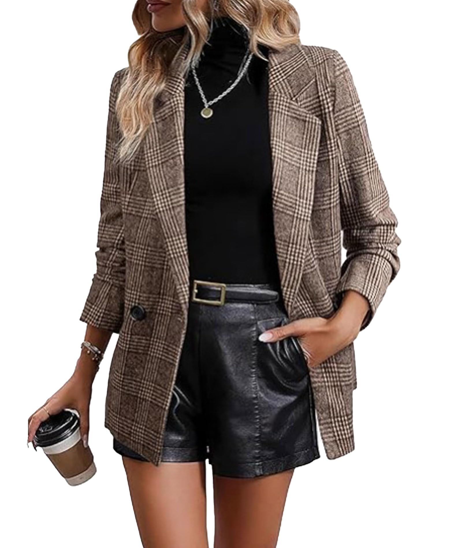 Raboolion Womens Plaid Notched Lapel Double Breasted Blazers Open Front Long Sleeve Office Suit Jackets with Pockets