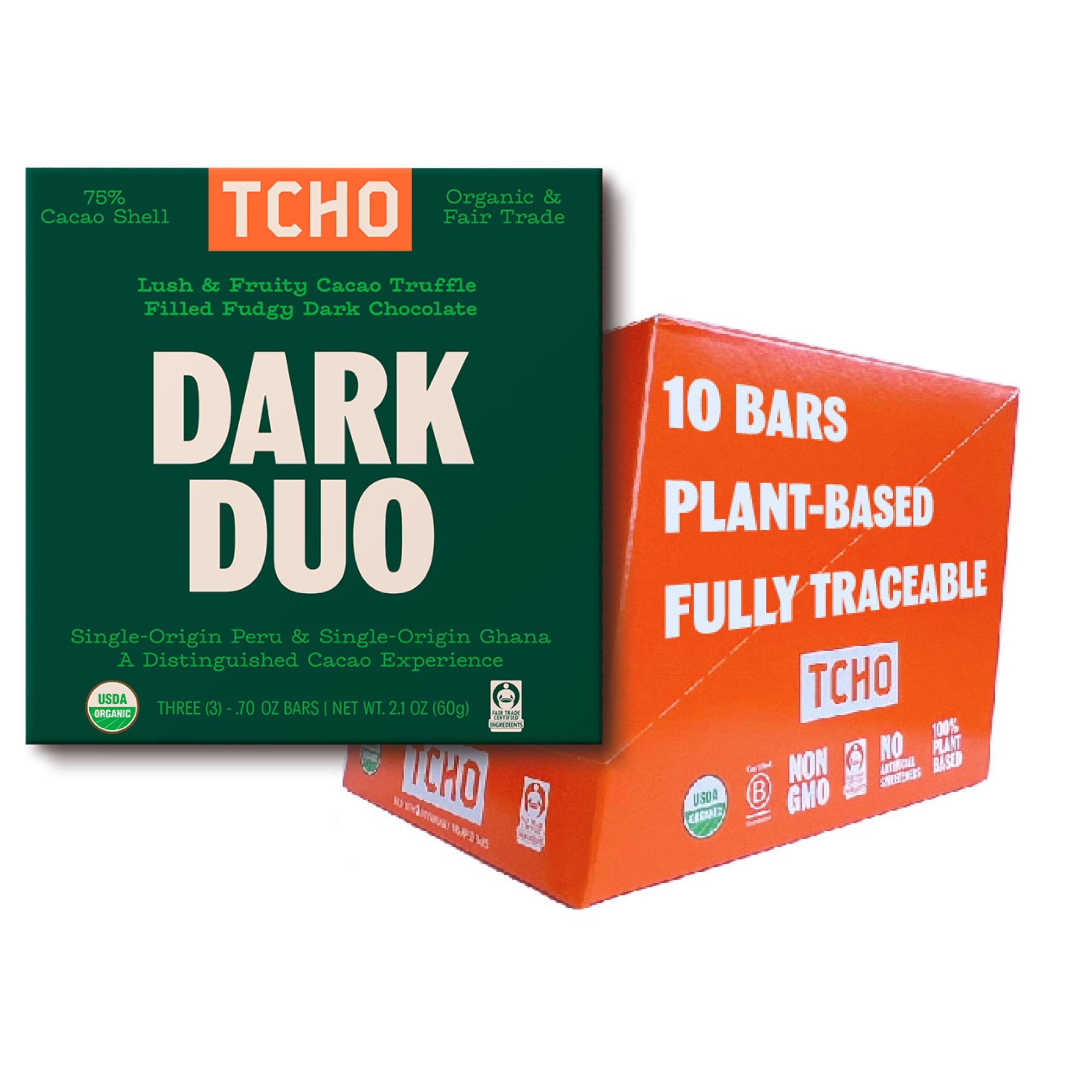 Dark Duo Chocolate Bars | 10 Pack, 2.5oz Each | 100% Plant Based, Single Origin, USDA Organic, Vegan Friendly, Kosher, Non-GMO, Non-Dairy, Soy Free, Fair Trade Certified Dark Chocolate