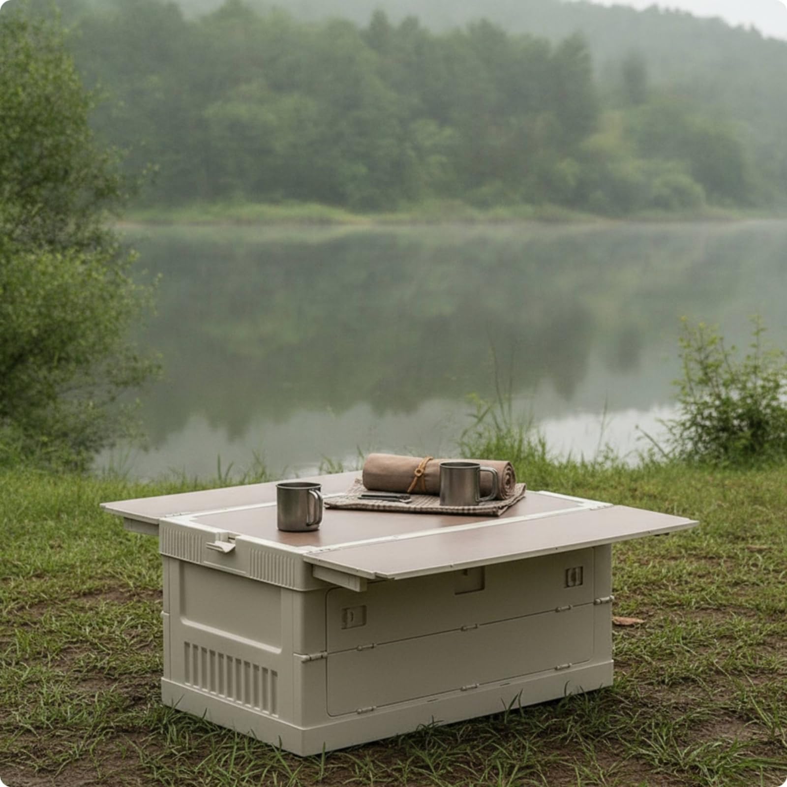 Faltbox mit Holz faltbar klappbox mit Frontöffnung klappbar Campingtisch Stauraum für Wohnmobilbesitzer, Camping, Kofferraum, Grauweiß, Flache Oberfläche Ohne Halterung
