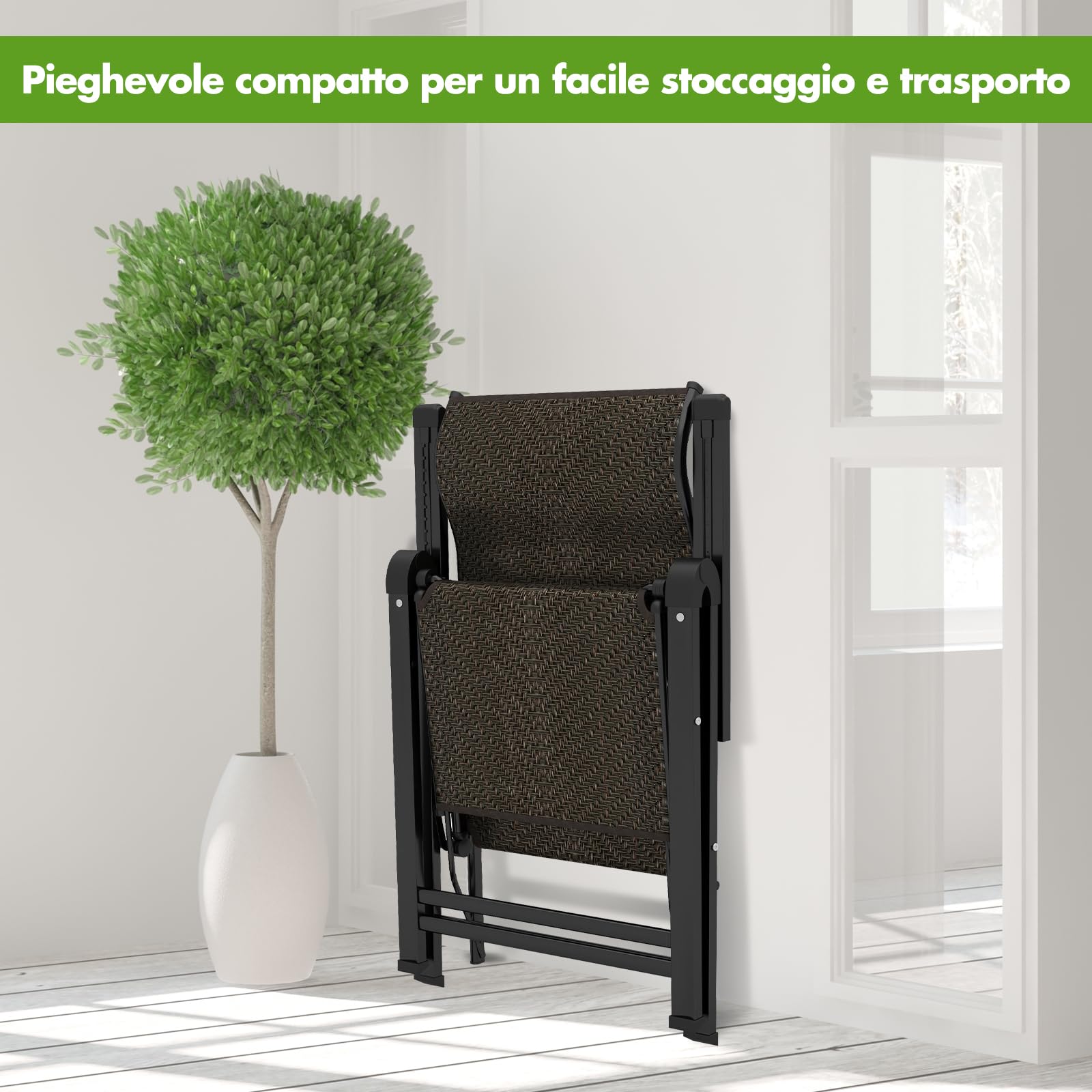 COSTWAY Sdraio da Giardino Pieghevoli in Rattan e Acciaio, Schienale Regolabile 10 Posizioni, Portata 113 kg, 2 Pezzi