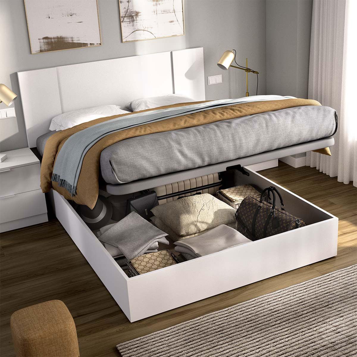 DEKIT - Pack Ahorro Dormitorio Canapé Nest con Cabezal Flow con 1 Colchón viscoelástico con muelles ensacados Aurea 135 x 190cm