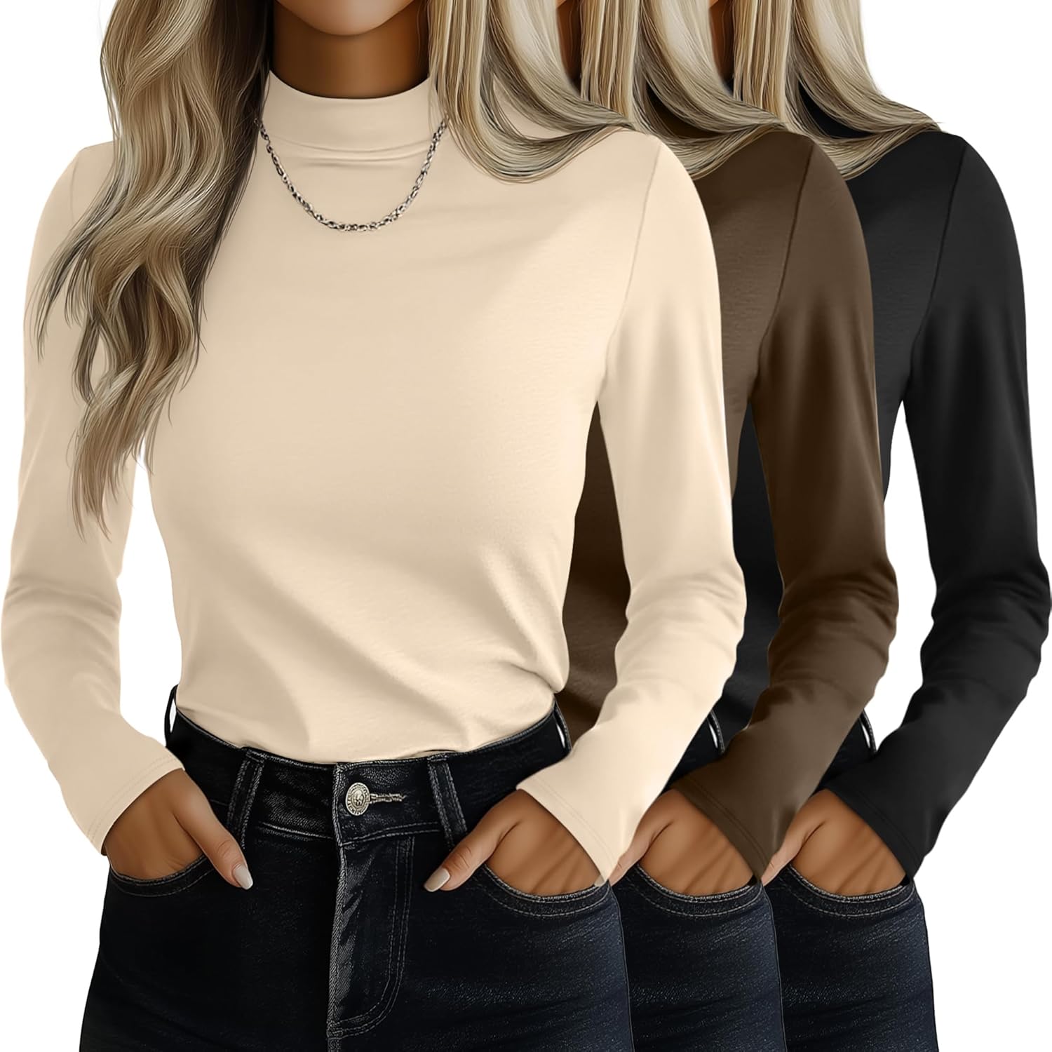 Ficerd 3 Pack Women's Mock Turtleneck Shirts, Long Sleeve Mock Neck Pullover Tops Slim Fitted Stretch Undershirt Tee Blouse
