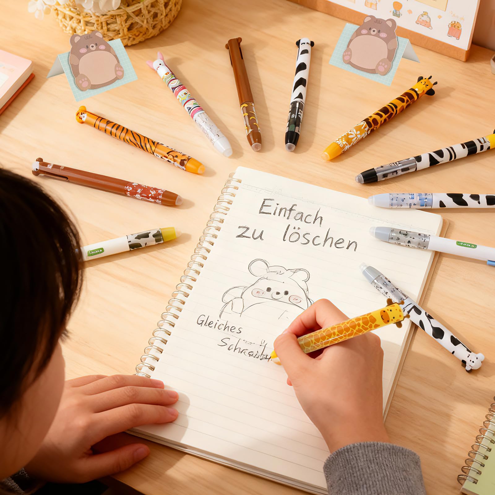 Lot de 12 stylos à bille effaçables de 0,5 mm - Avec encre bleue et rouge - Avec 8 notes adhésives - Stylos effaçables - Pour fournitures scolaires, fournitures de bureau