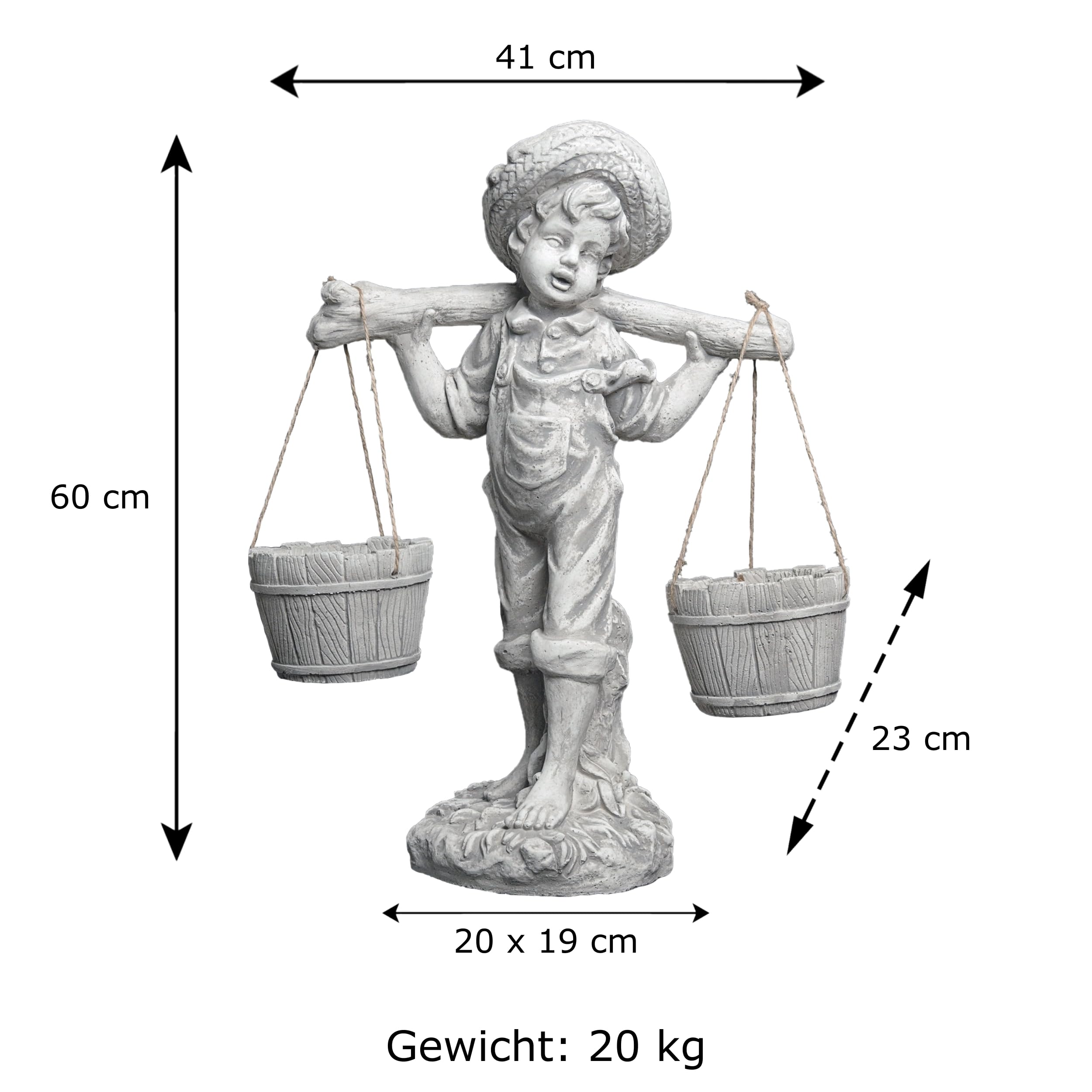 gartendekoparadies.de Junge mit Blumenampel, Steinfigur für Außenbereich, Grau, Frostsicher aus Steinguss, H. 60 cm, 20 kg