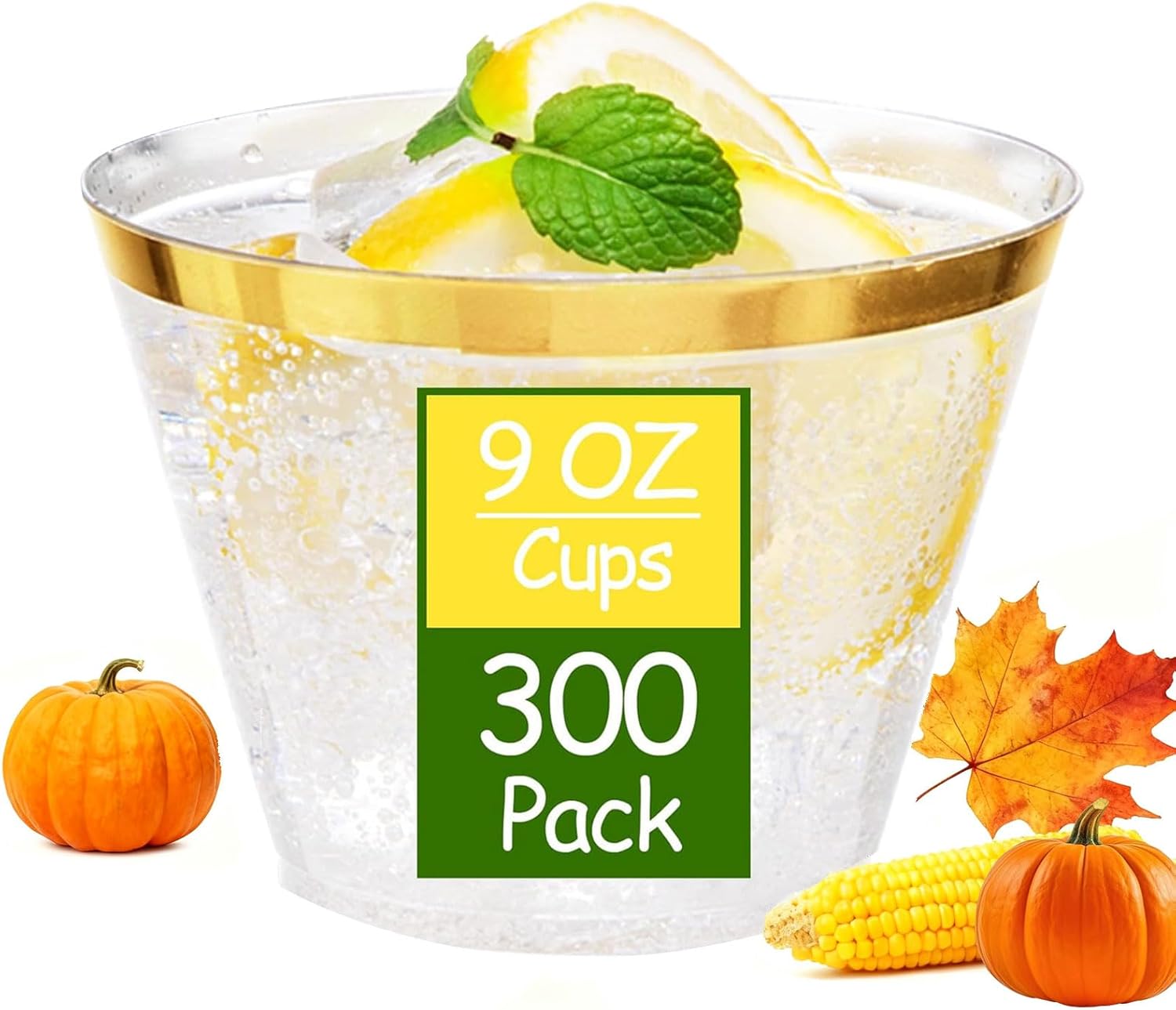 Ciaell 300PCS Gold Plastic Cups - 9Oz Heavy Duty Plastic Cups - Gold Rimmed Disposable Cup - Disposable Clear Wine Cup with Gold Rim for Party & Wedding & Thanksgiving Gold-300PACK