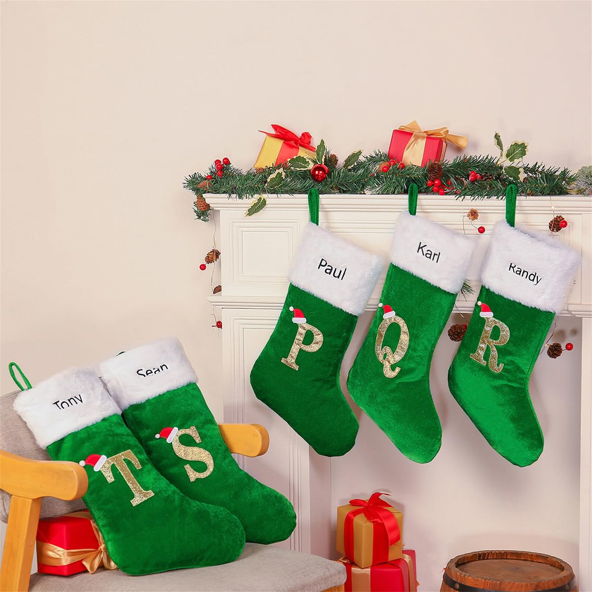 Lot de 5 bas de Noël personnalisés idée cadeau de vacances en famille chaussette velours vert